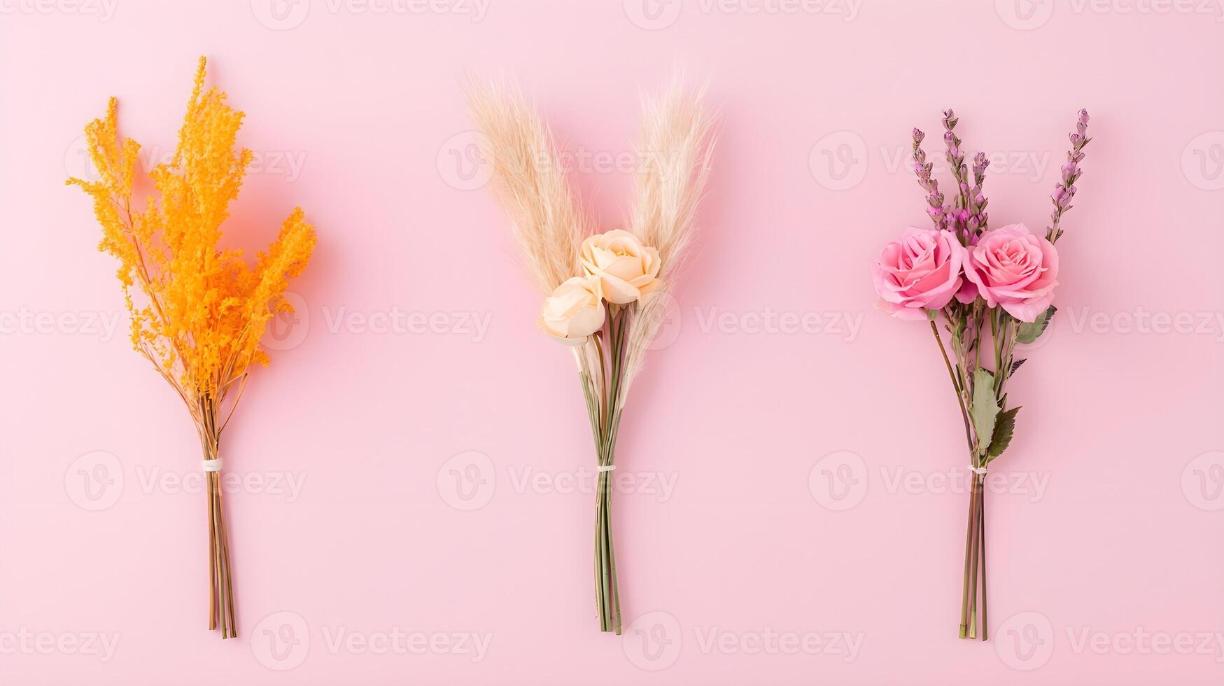 Colorful Floral Arrangements on Pink Background Displaying Beauty photo