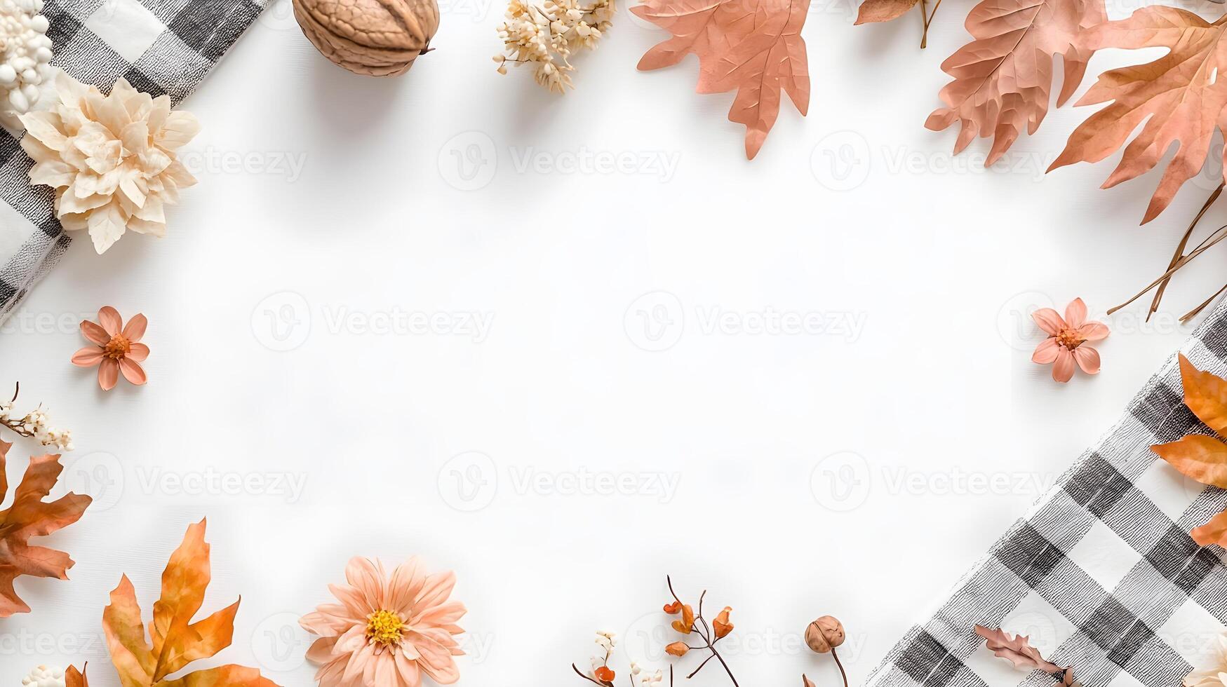 Autumn Inspired Flat Lay with Leaves Nuts and Seasonal Decor photo