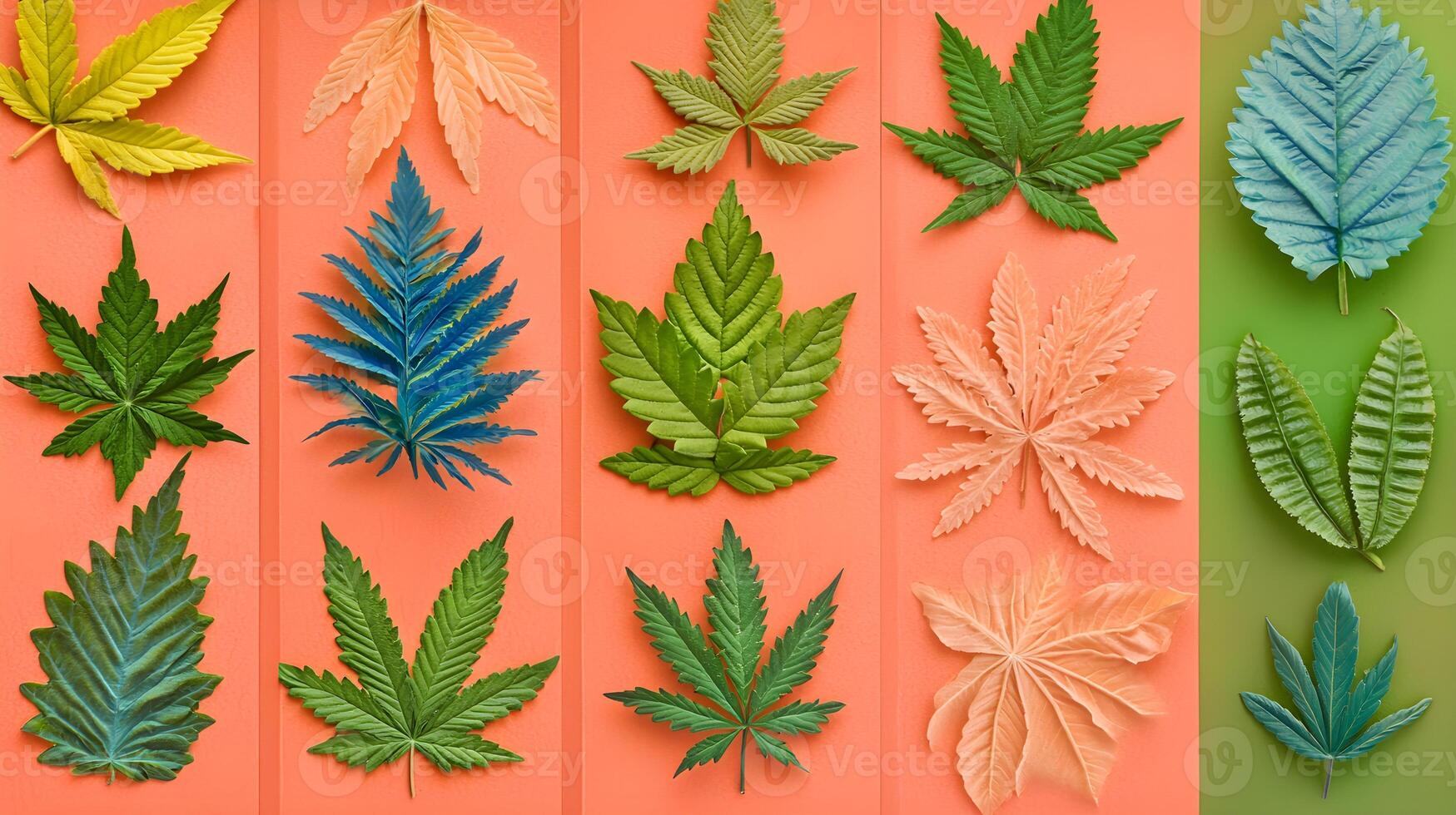 Colorful Assortment of Fresh Leaves on Vibrant Backdrop photo