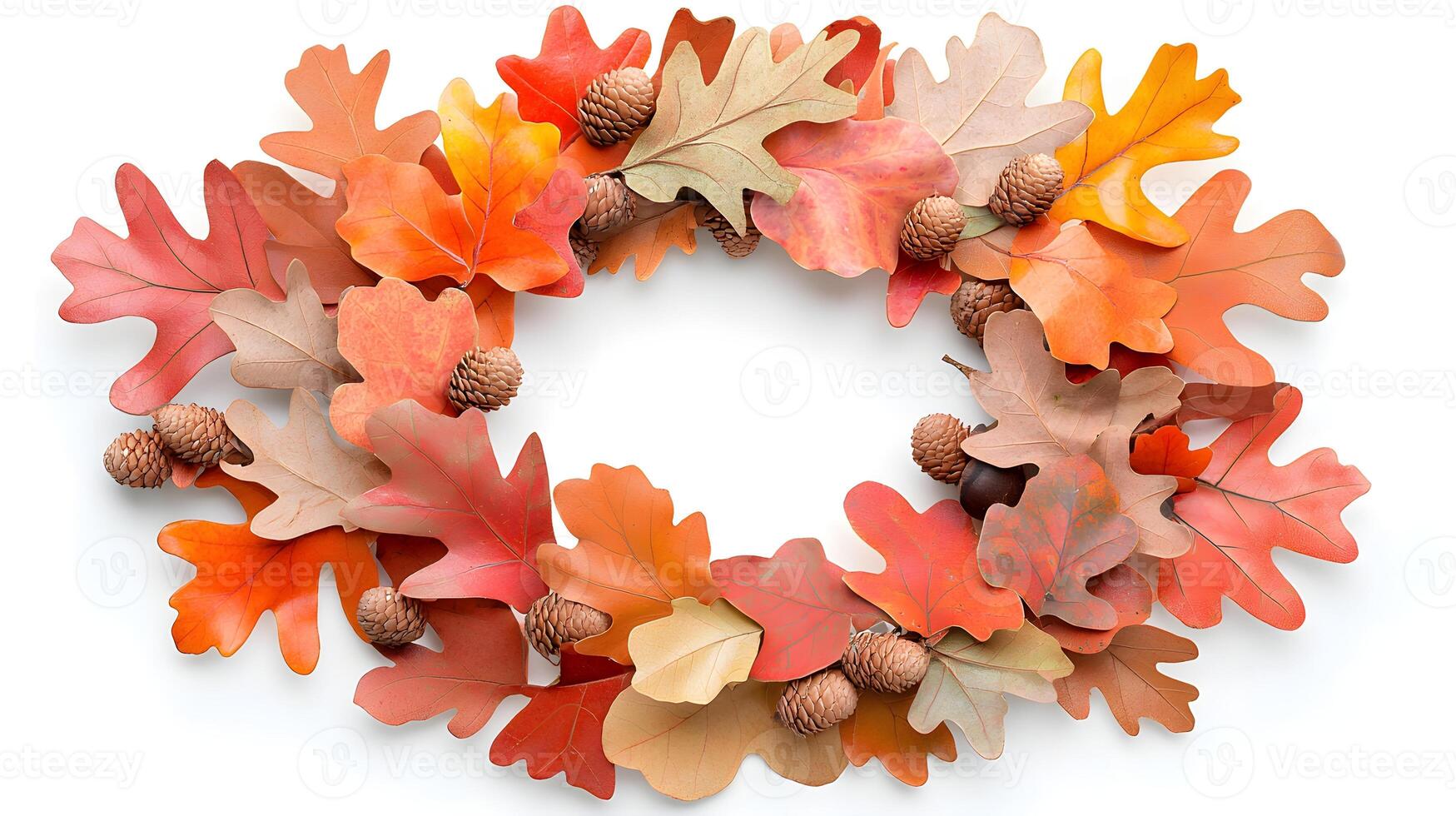 Autumn Wreath with Colorful Leaves and Acorns on White Background photo