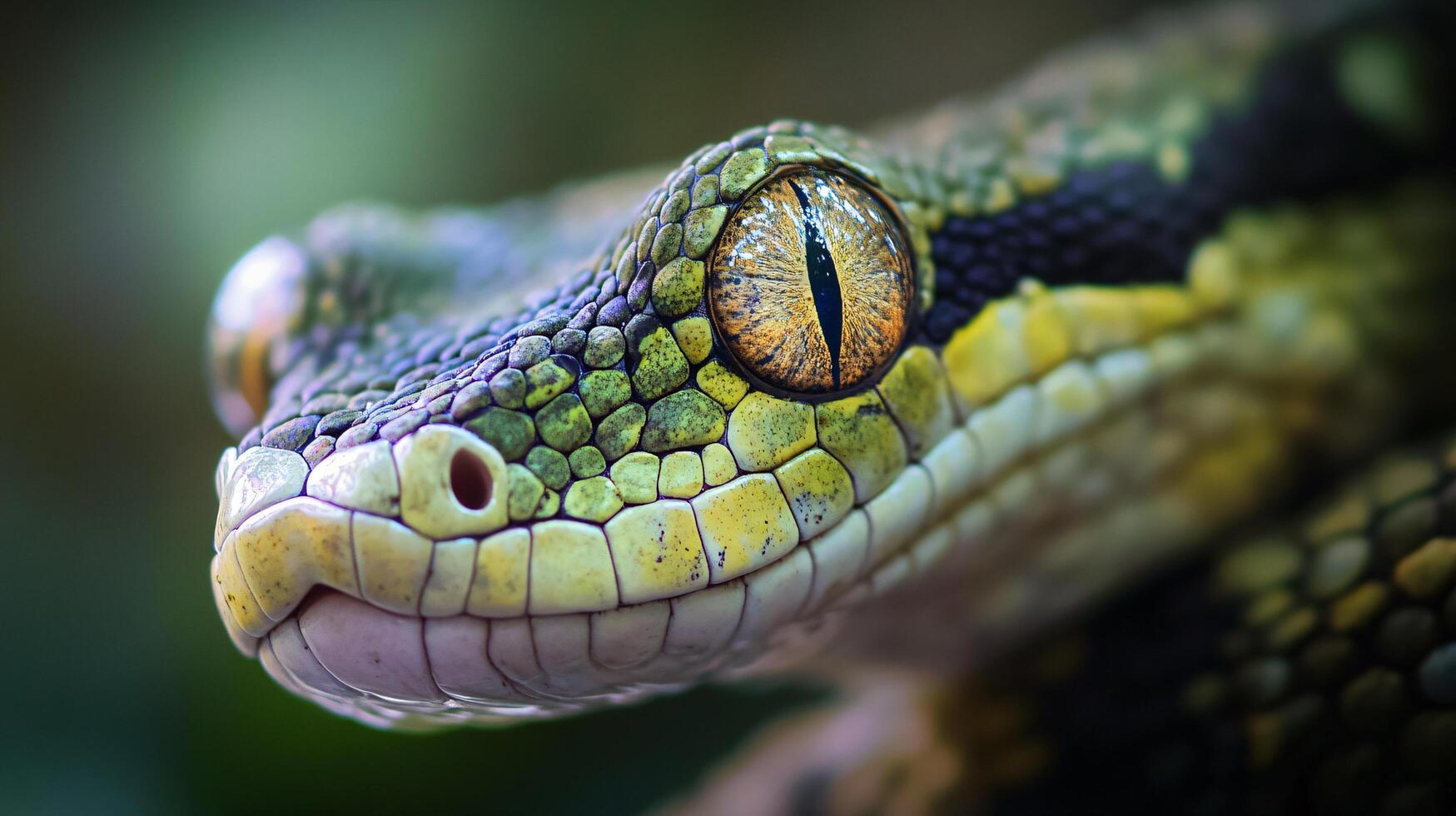 Green and yellow snake with black eyes. The snake has a yellow and black head and a green body photo