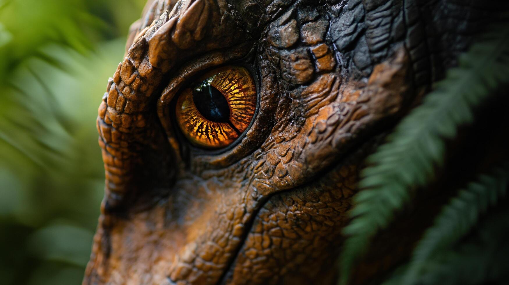 Close up of a dinosaur eye with a yellow iris. The eye is surrounded by green leaves photo