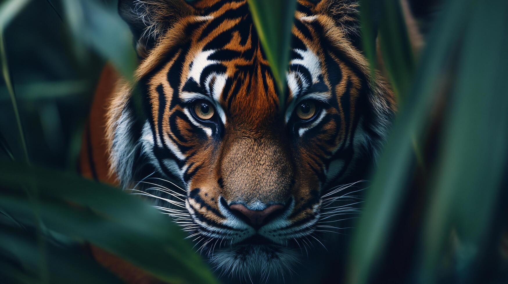 Tiger is looking at the camera through the leaves of a tree. The tiger is in a jungle setting photo