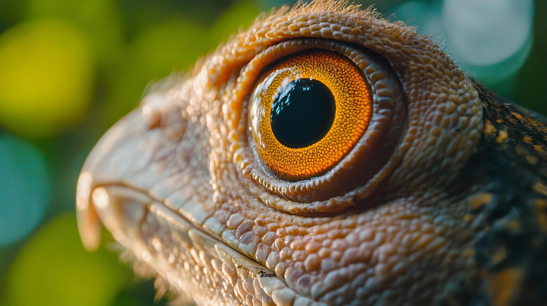 Close up of a lizard's eye with a yellow iris. The eye is surrounded by a brown and green pattern photo