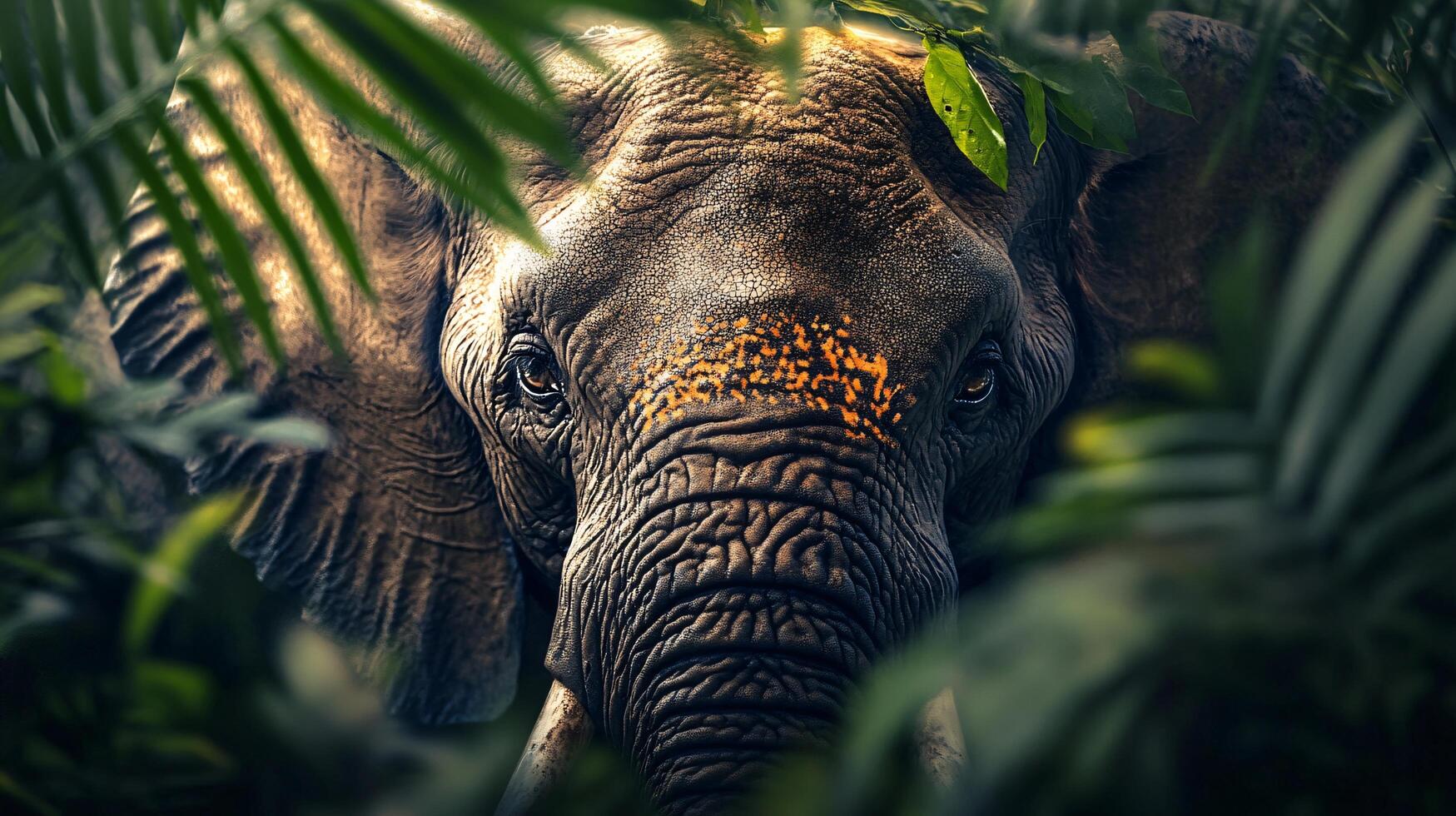 Close up of an elephant's face in a jungle. The elephant is looking at the camera photo
