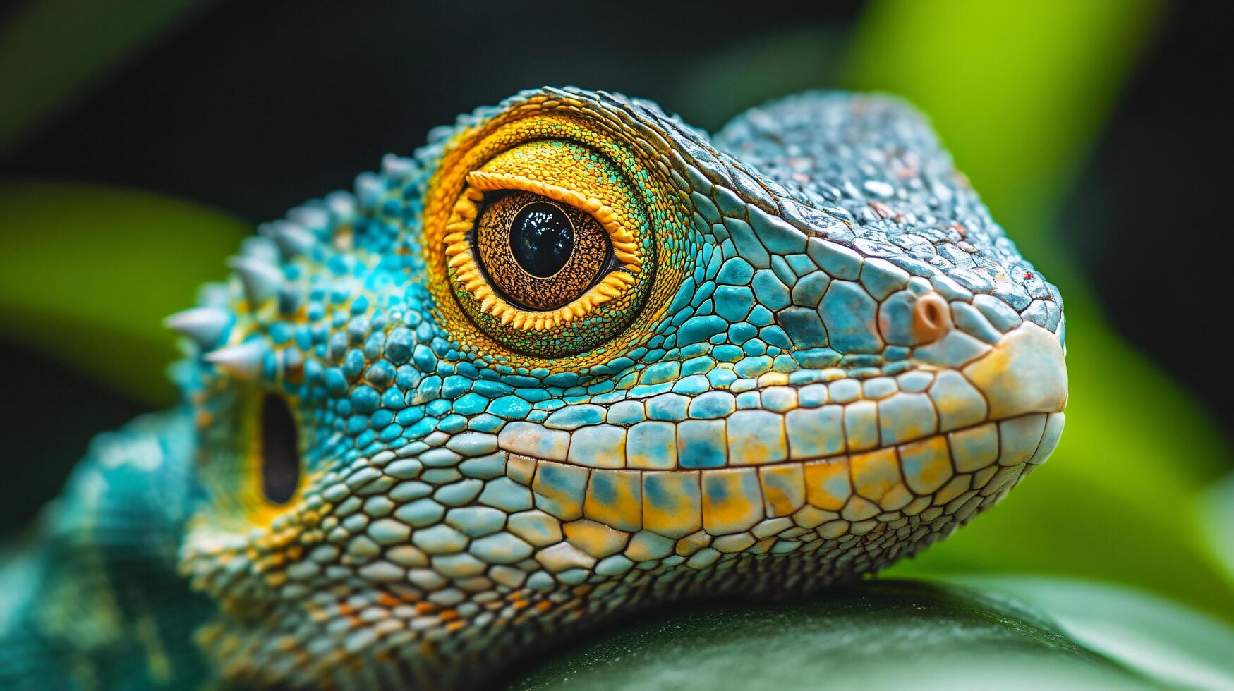 Lizard with a yellow eye and blue body is laying on a leaf. The lizard's eyes are open and it is looking at the camera photo