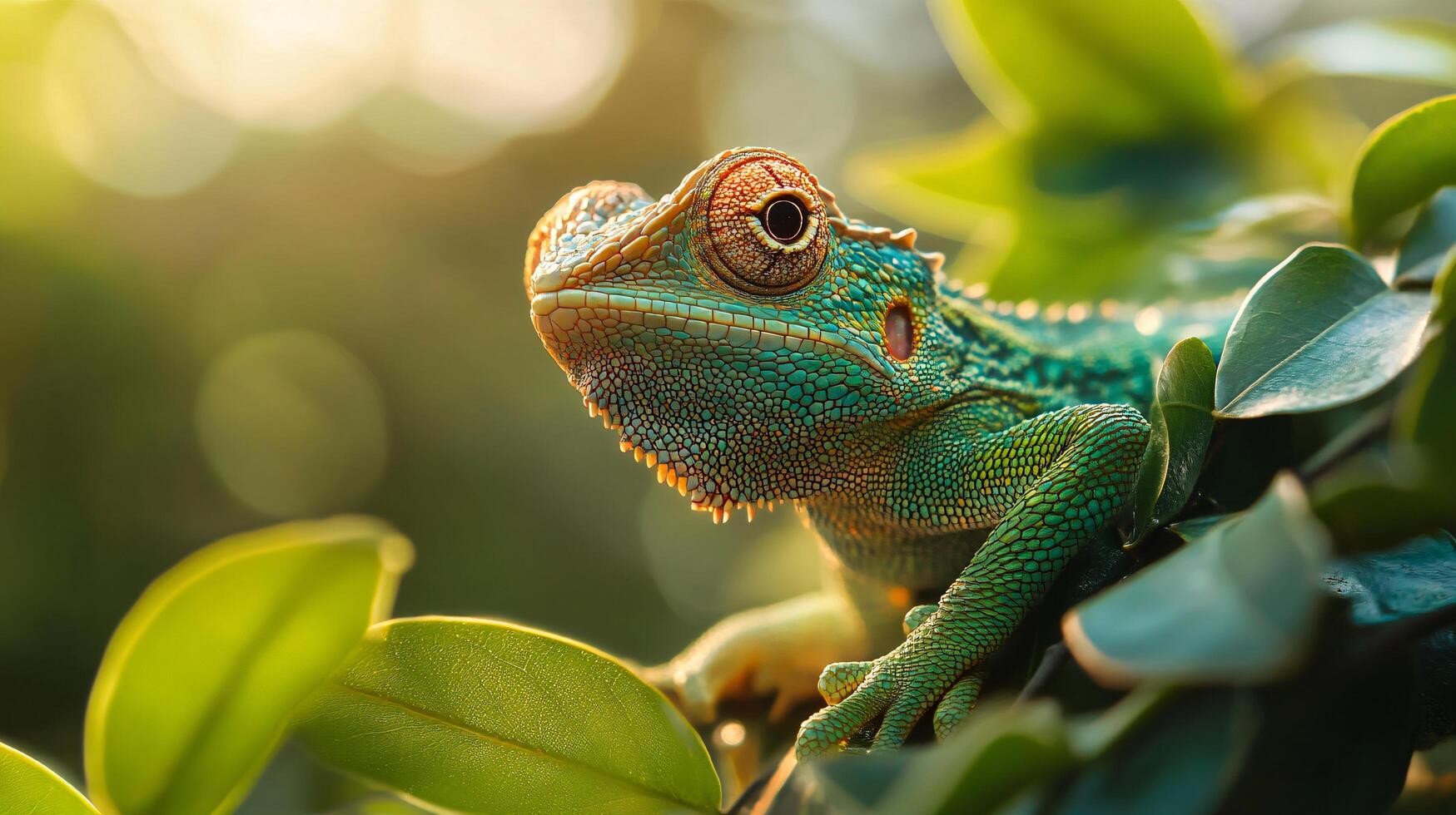 Green lizard is sitting on a leafy branch. The lizard is looking at the camera. The image has a calm and peaceful mood photo