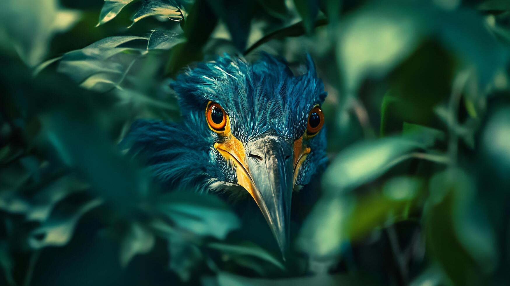 Bird with a blue head and yellow beak is peeking out from behind some leaves. The image has a sense of mystery and curiosity, as the bird is hidden from view but still visible photo