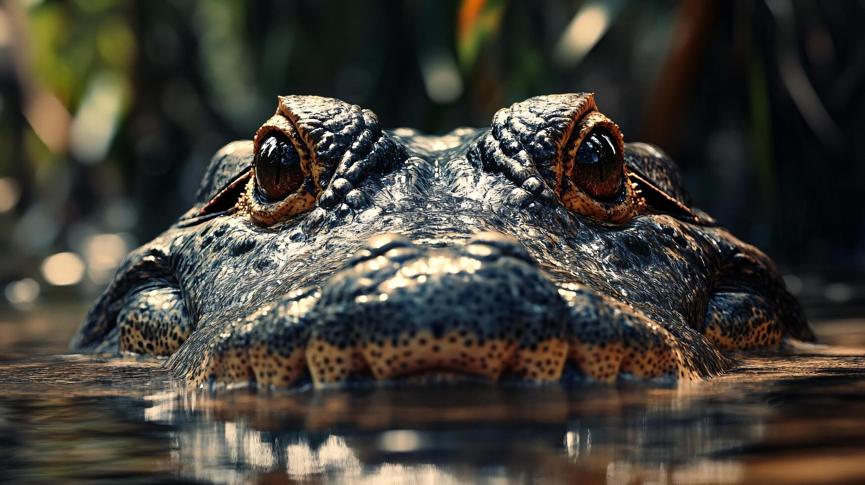Crocodile is swimming in the water with its eyes open. The water is murky and the crocodile's eyes are visible photo
