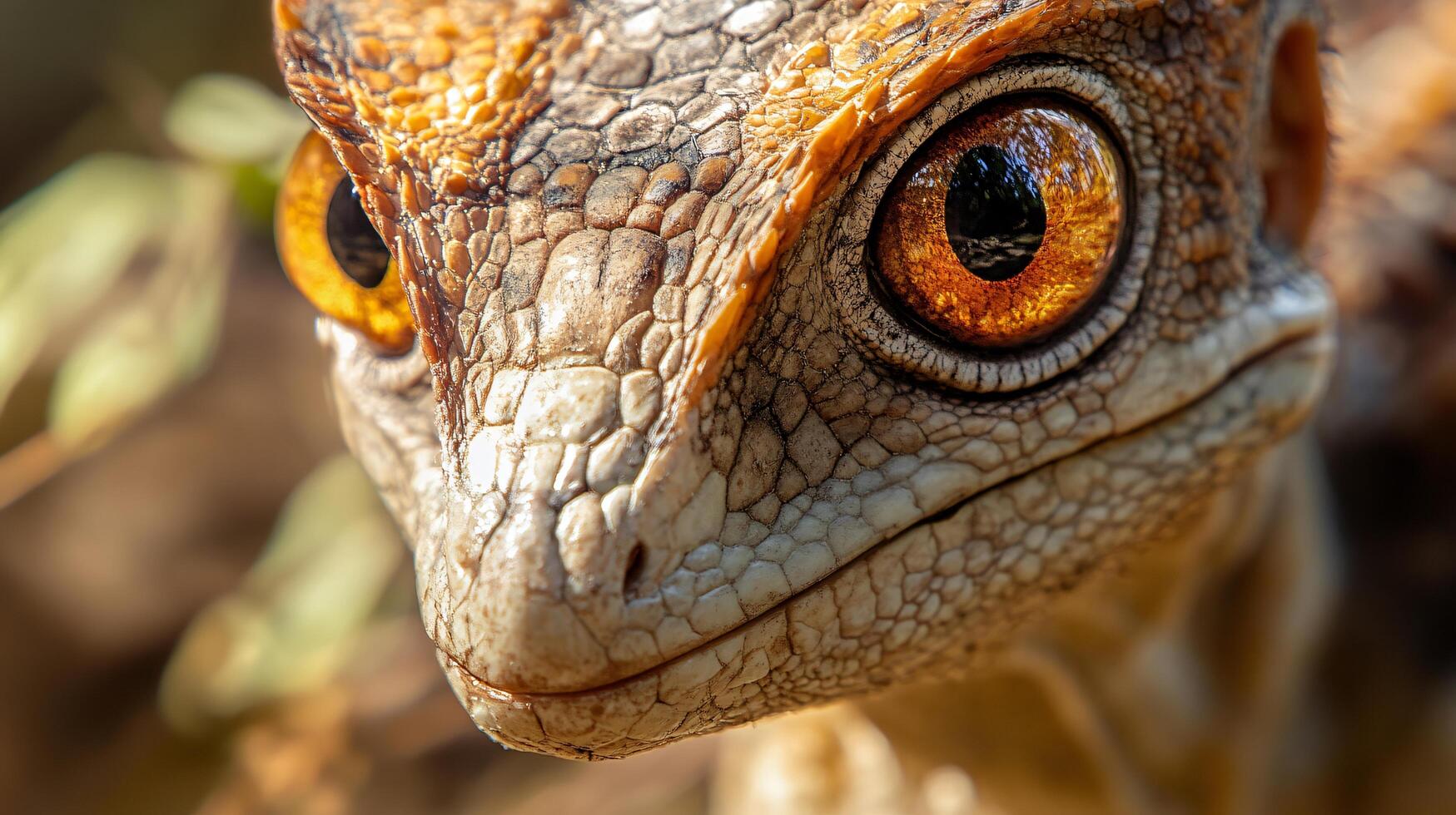Lizard with a yellow face and brown eyes. The eyes are large and seem to be staring at the camera photo