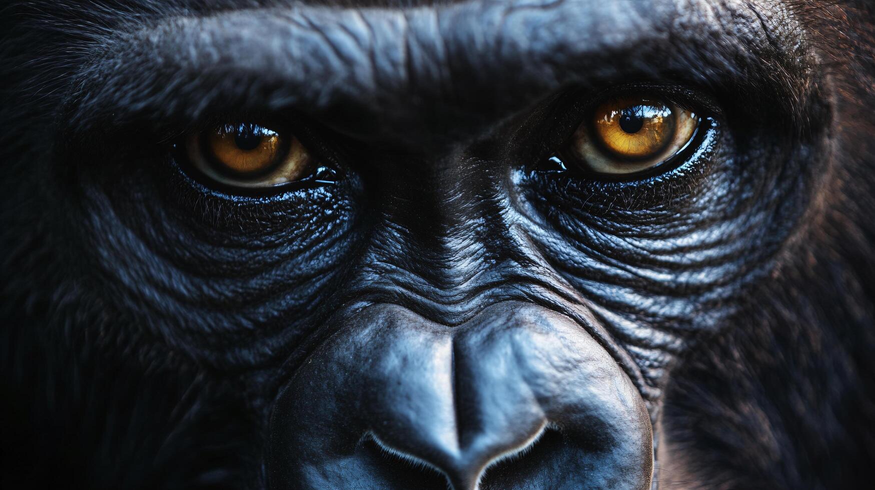 Close up of a gorilla's face with its eyes open and looking at the camera. Concept of curiosity and intensity, as if the gorilla is trying to communicate with the viewer photo