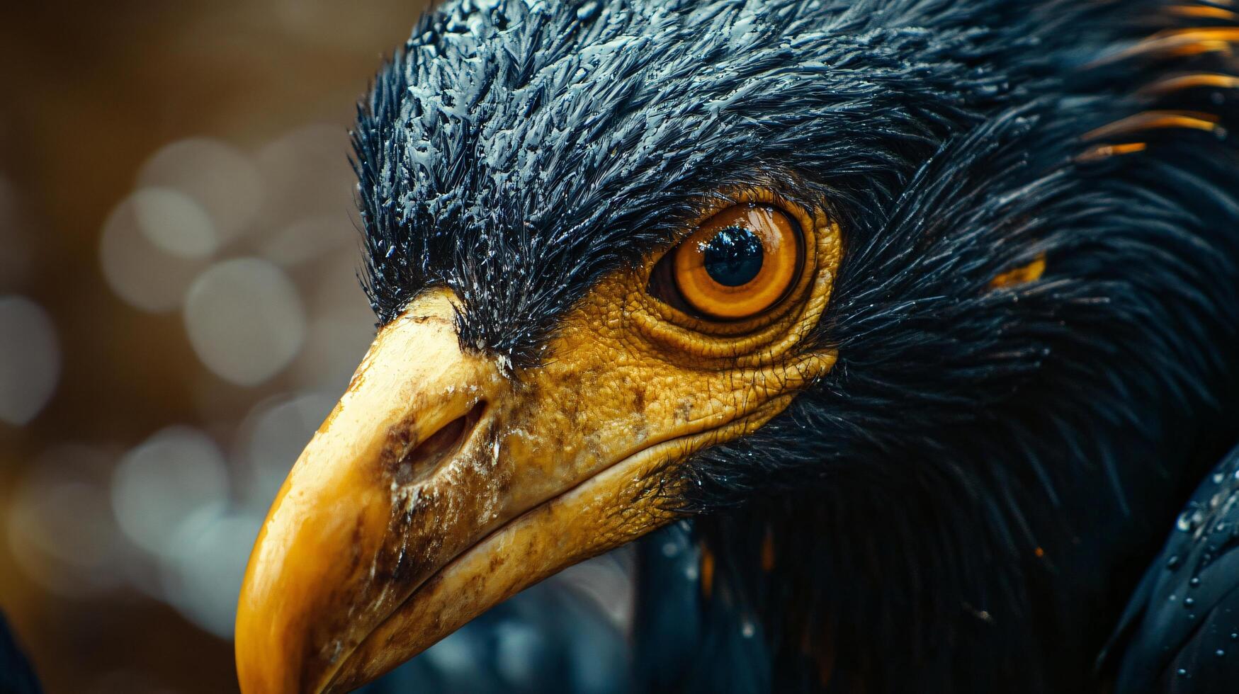 Close up of a bird's face with a yellow beak and an orange eye. The bird appears to be wet and has a fierce look on its face photo