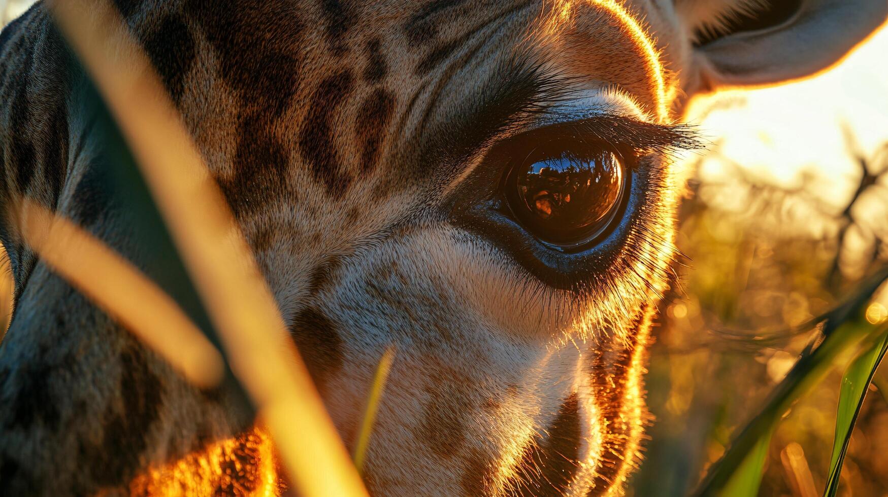 Giraffe's eye is shown in the foreground of a grassy field. The eye is large and has a brownish tint, and the grass around it is tall and green. Concept of calm and peacefulness photo