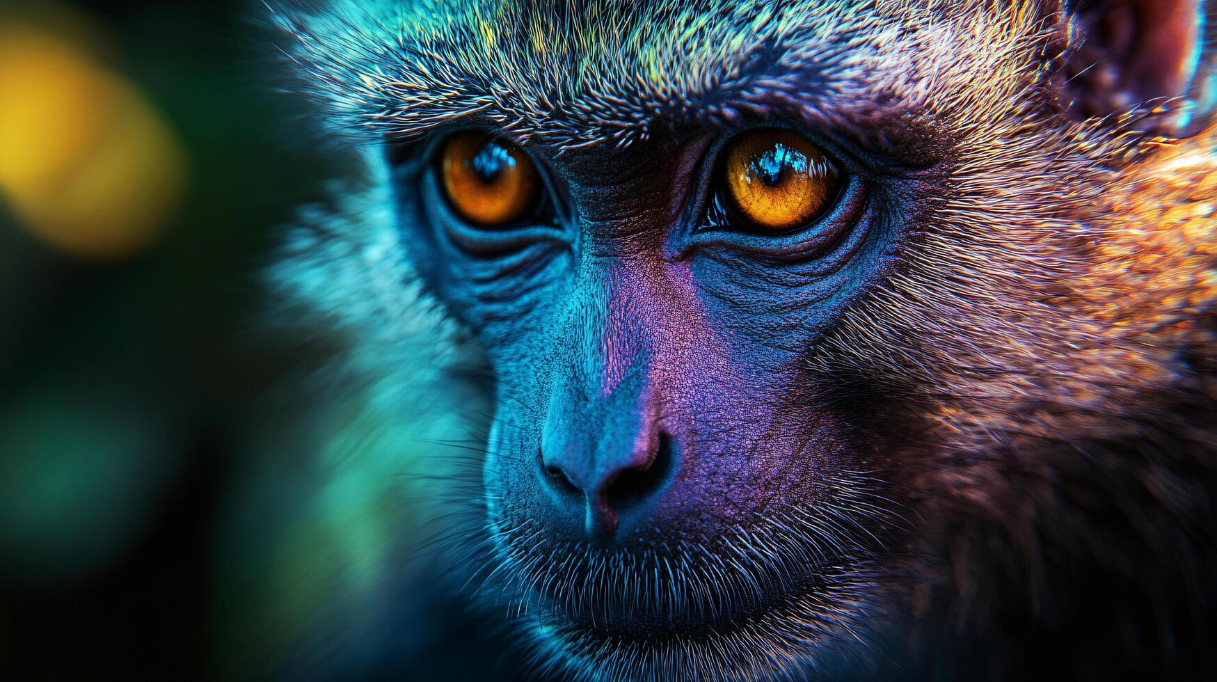 Monkey with a blue face and yellow eyes. The monkey is looking at the camera. The blue face and yellow eyes give the monkey a unique and interesting appearance photo