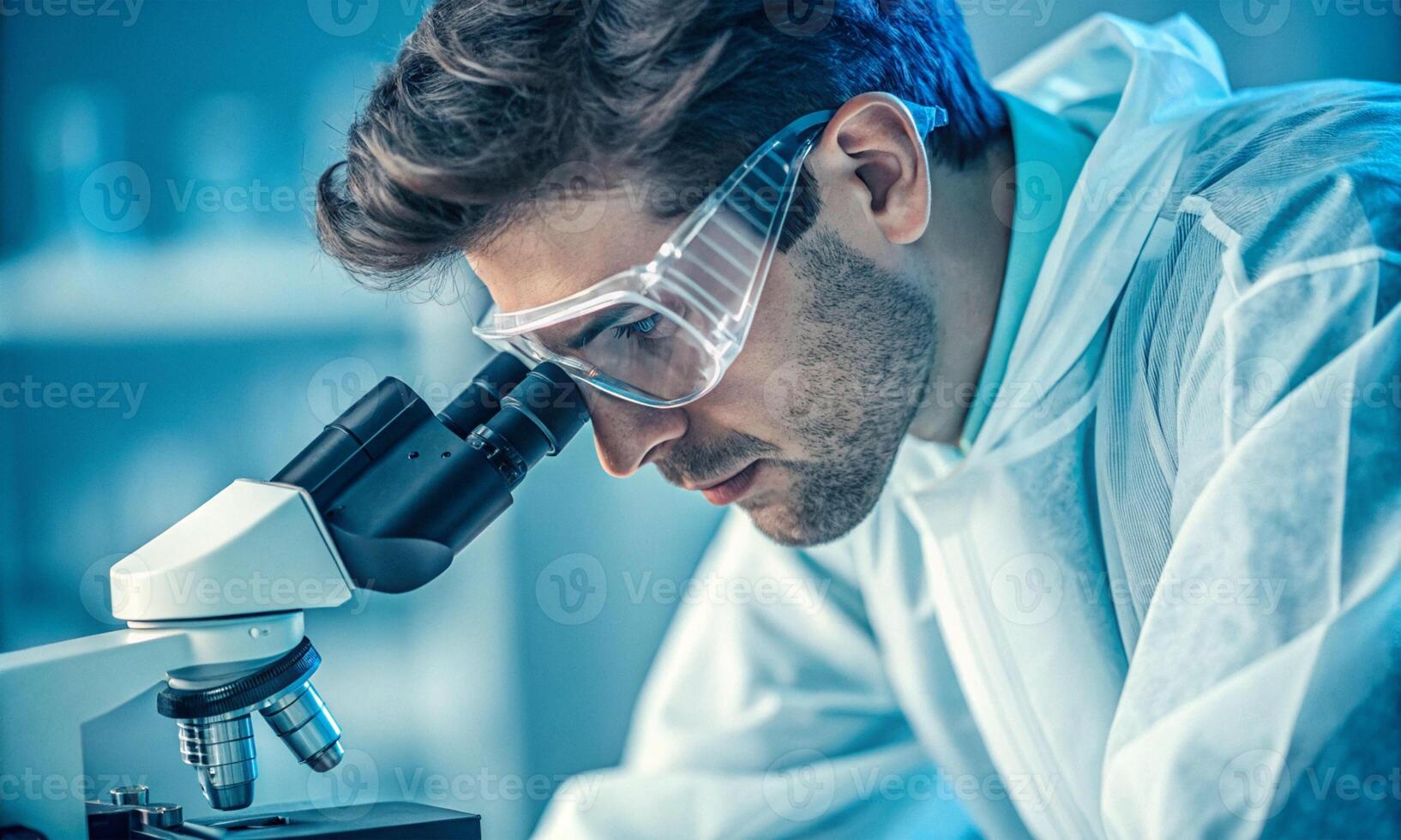 scientist science look see watch test microscope doctor nurse staff uniform hospital laboratory research man male test chemistry medical experiment hospital norovirus discovery healthcare vaccine photo