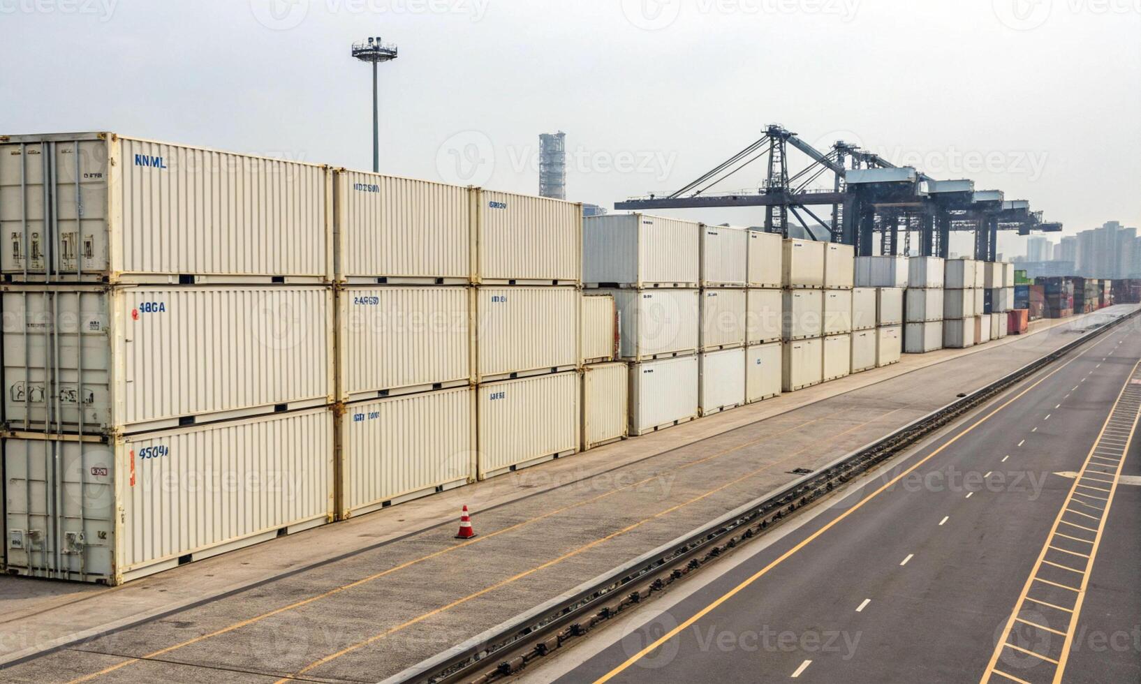 container port harbor industry shipping transportation logistic business copy space international sea loading cargo import export global terminal dock commerce vessel container custom port delivery photo