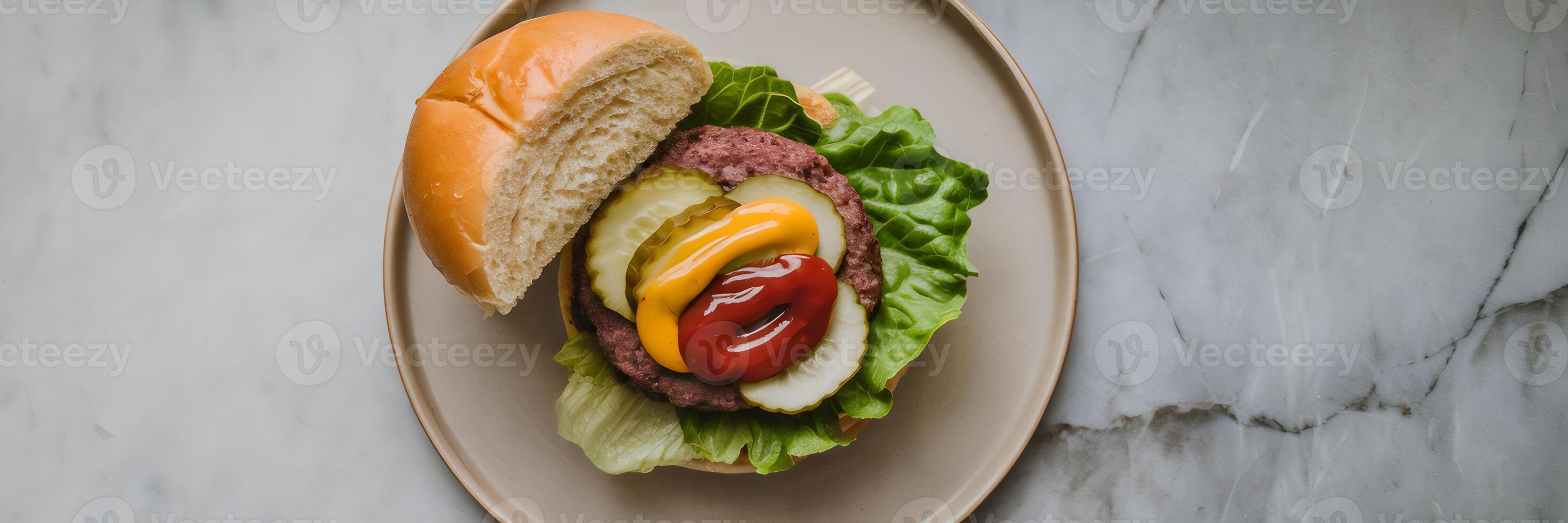 Flat lay of a burger with neatly arranged ingredients on a marble surface. photo