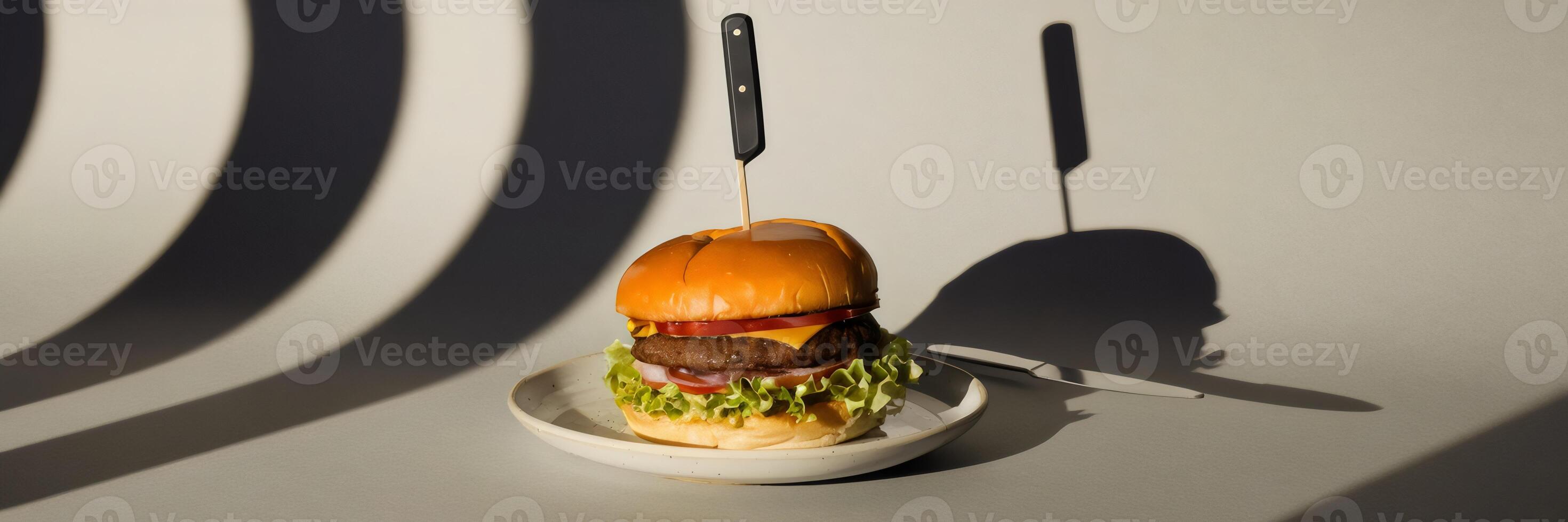 Photo of a burger casting shadows on a neutral background.