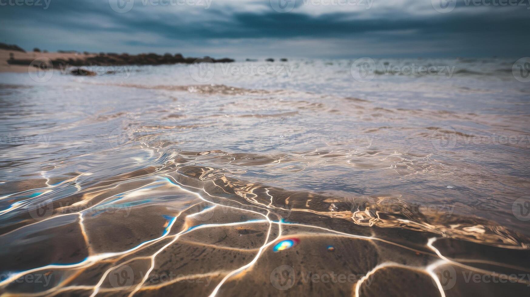 A serene view of rippling ocean water under a moody sky, capturing the play of light and color reflections on the surface, evoking tranquility and calm. photo