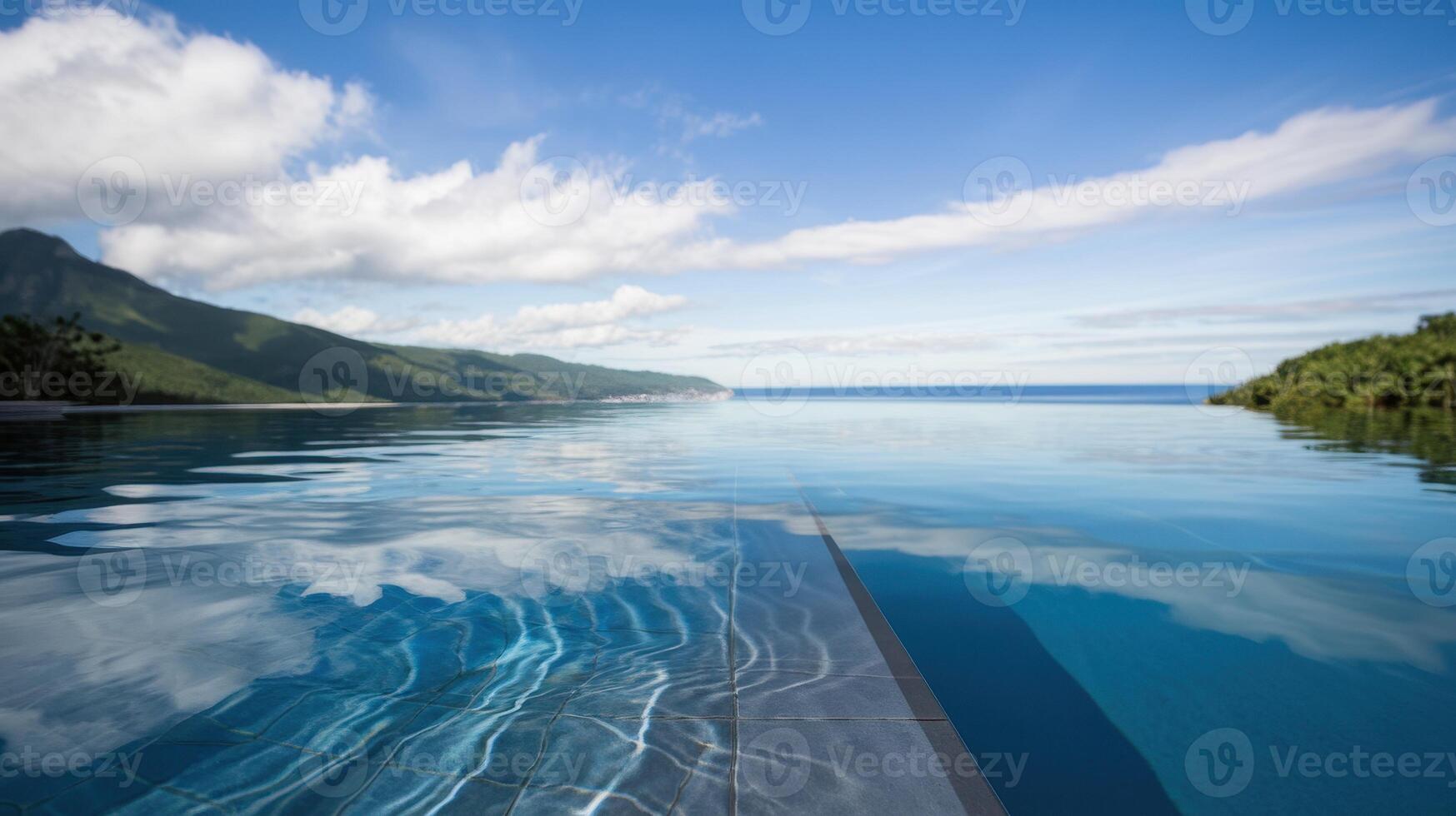 Serene infinity pool reflecting the mountains and sky on a sunny day, creating a tranquil escape. photo