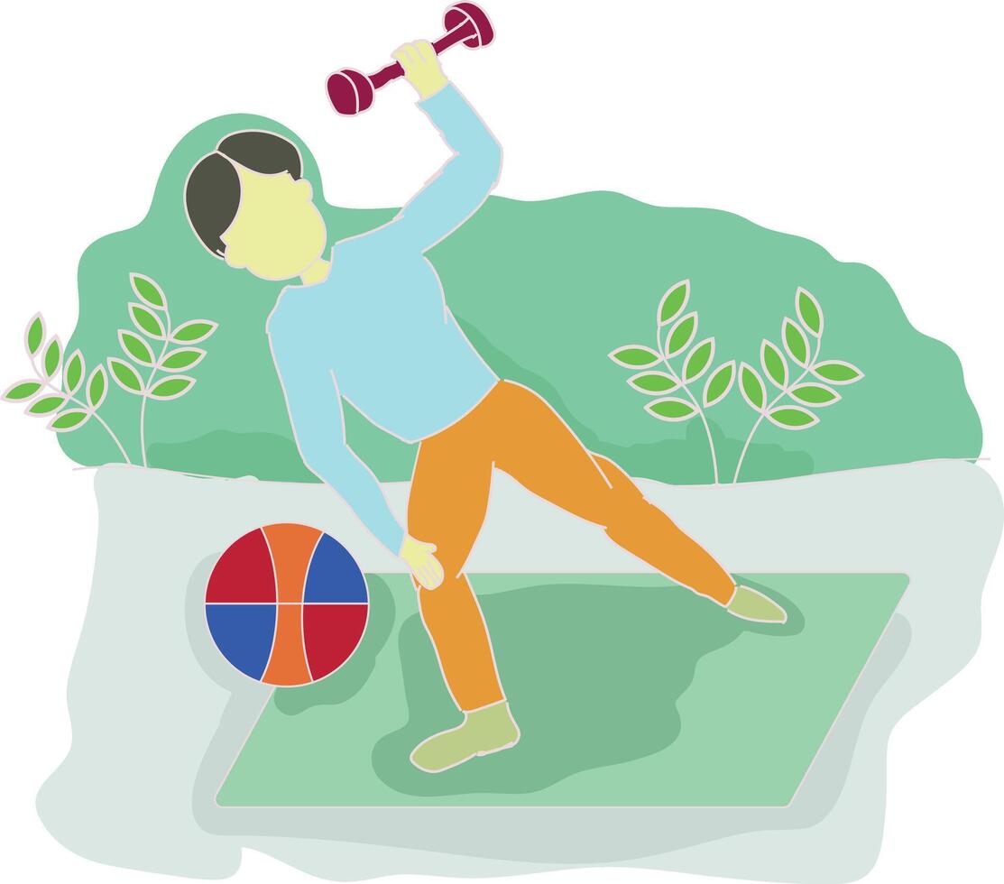 a man is doing a workout with a ball and dumbbells vector