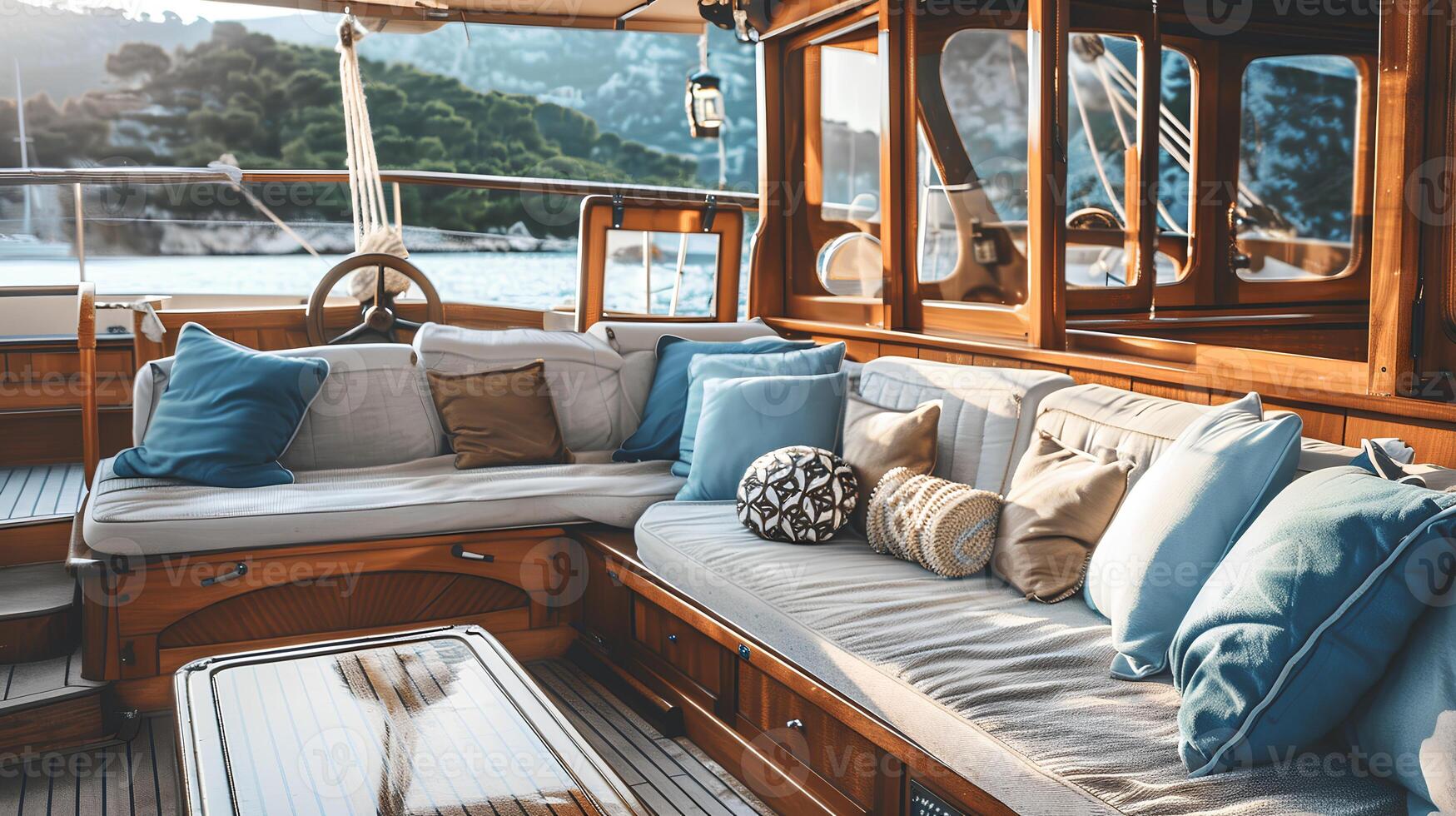 Cozy Yacht Interior with Soft Fabrics and Warm Wood photo
