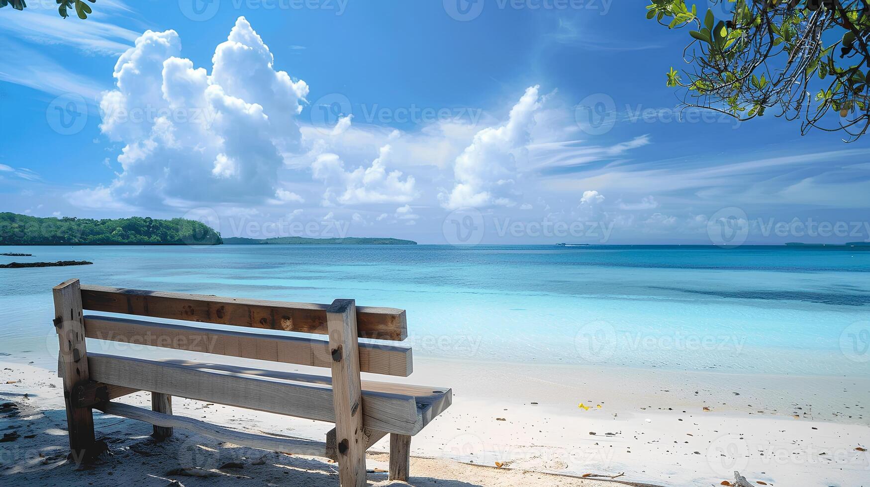 Serene Beach View with Empty Wooden Bench photo