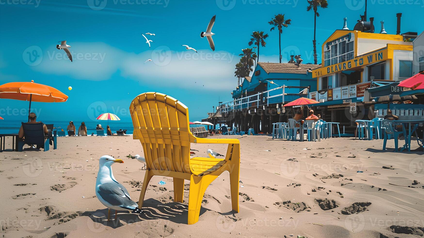 Colorful Beach Scene with Seagull and Umbrellas photo