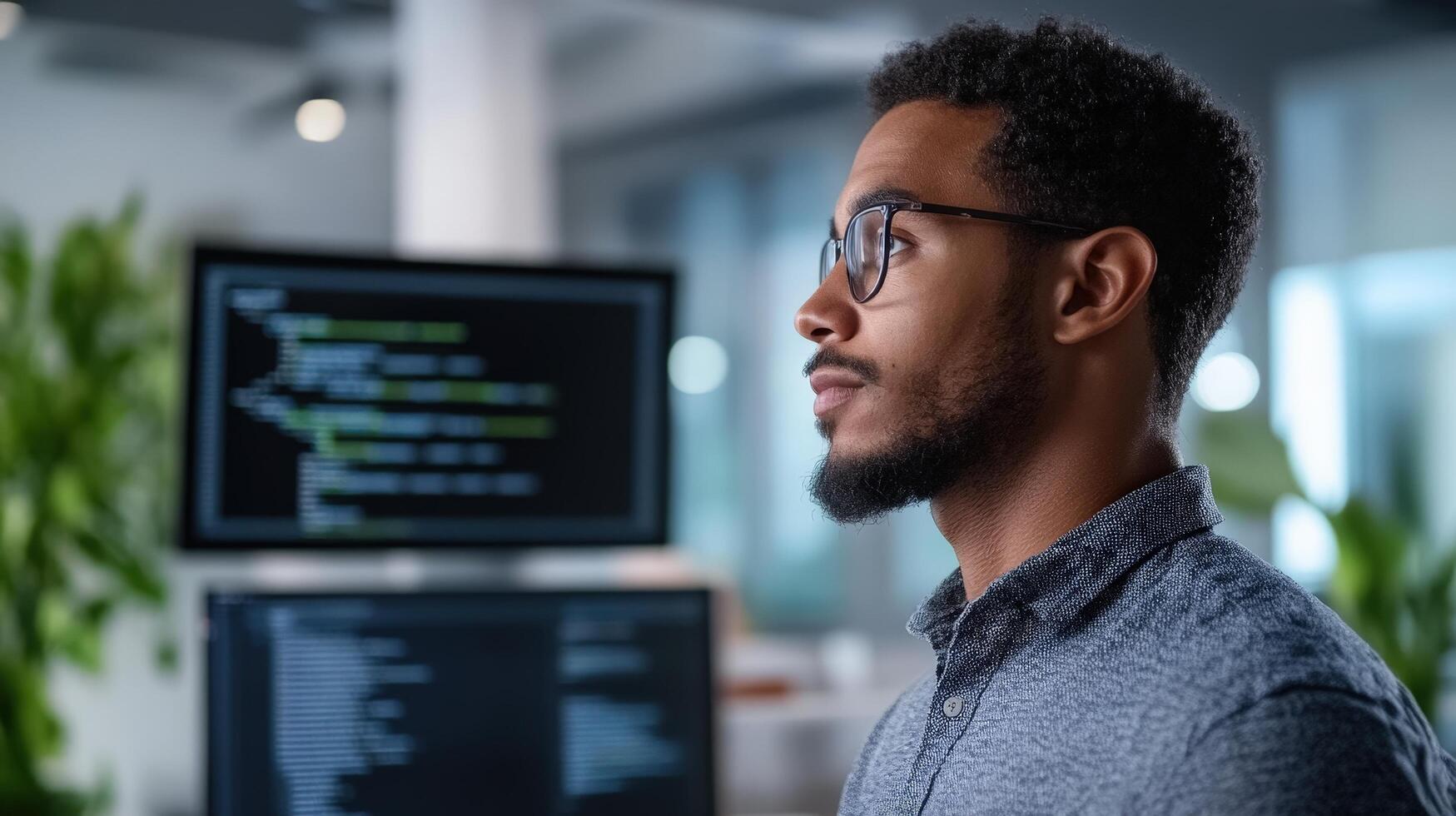 Thoughtful young man coding in a modern tech office environment photo