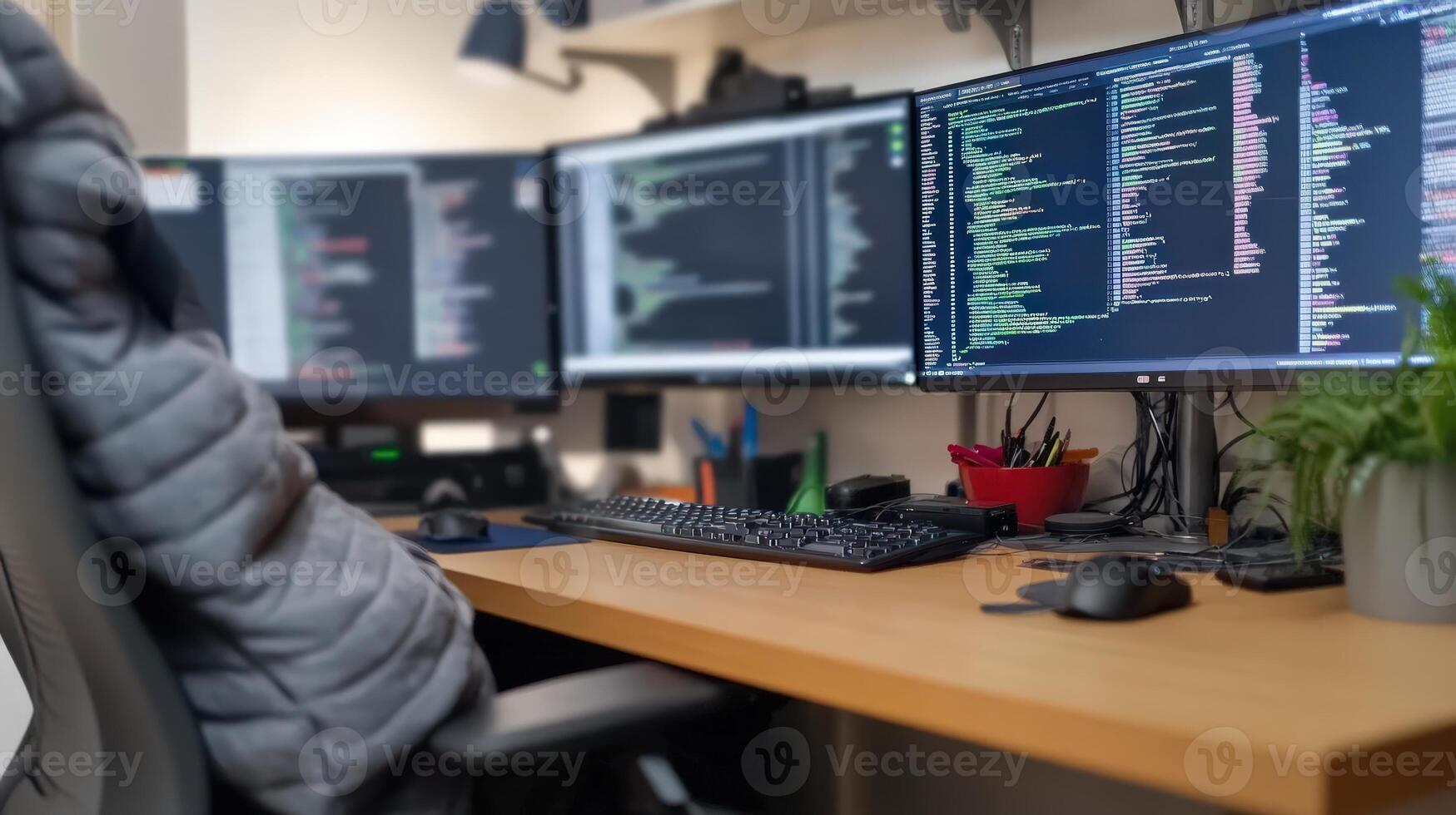 Modern Workspace with Dual Monitors and Cozy Chair for Coding photo
