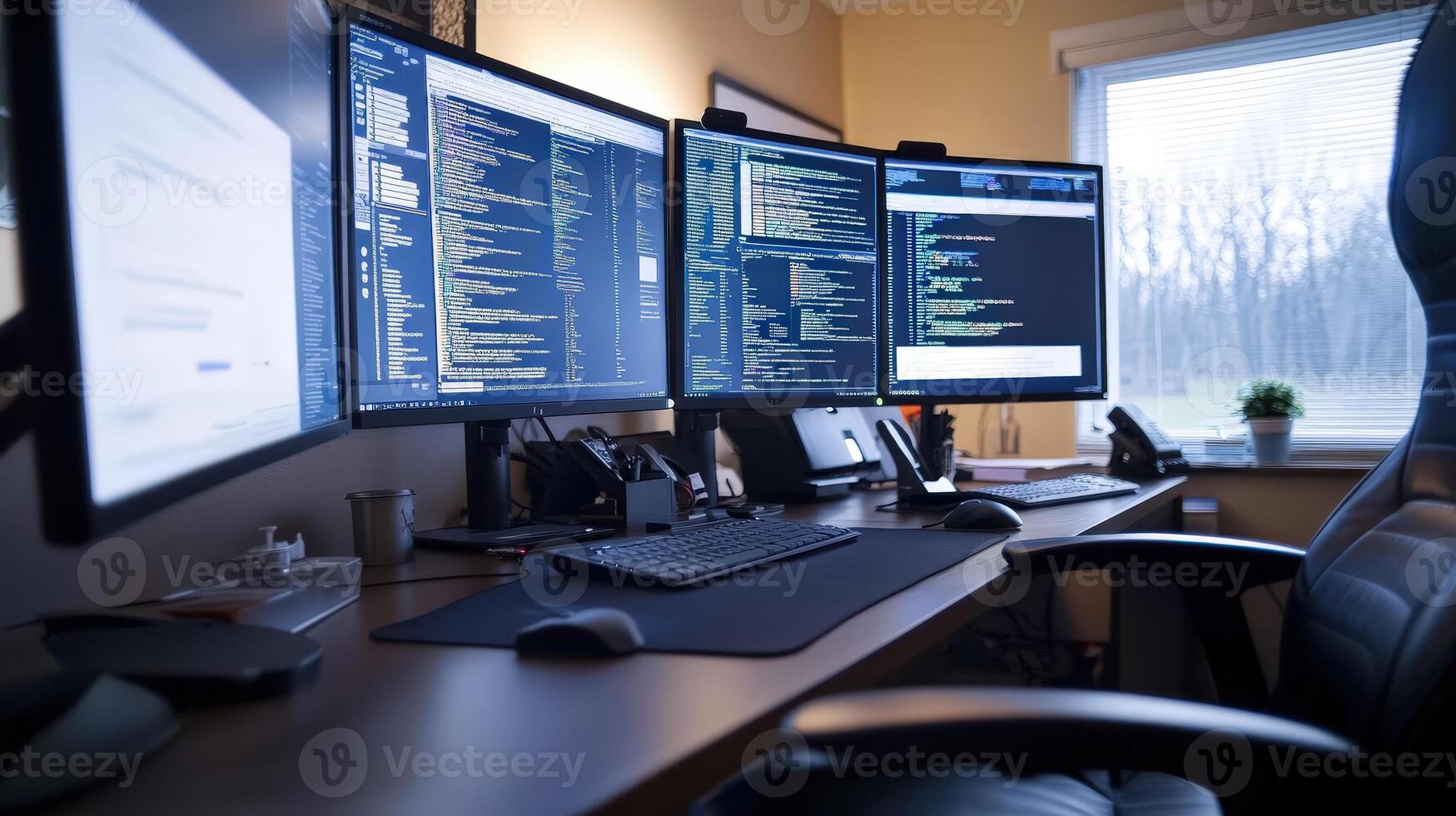 Modern Computer Desk Setup with Multiple Monitors and Technology photo