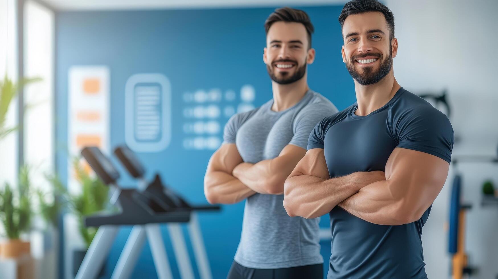Two Fit Men Smiling Together in Modern Gym Setting with Equipment photo