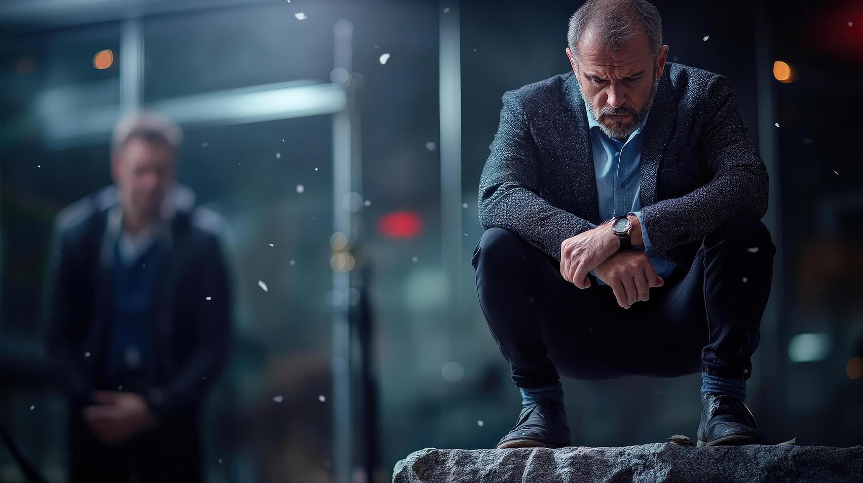 Contemplative Man Seated on Rock in Urban Environment at Dusk photo