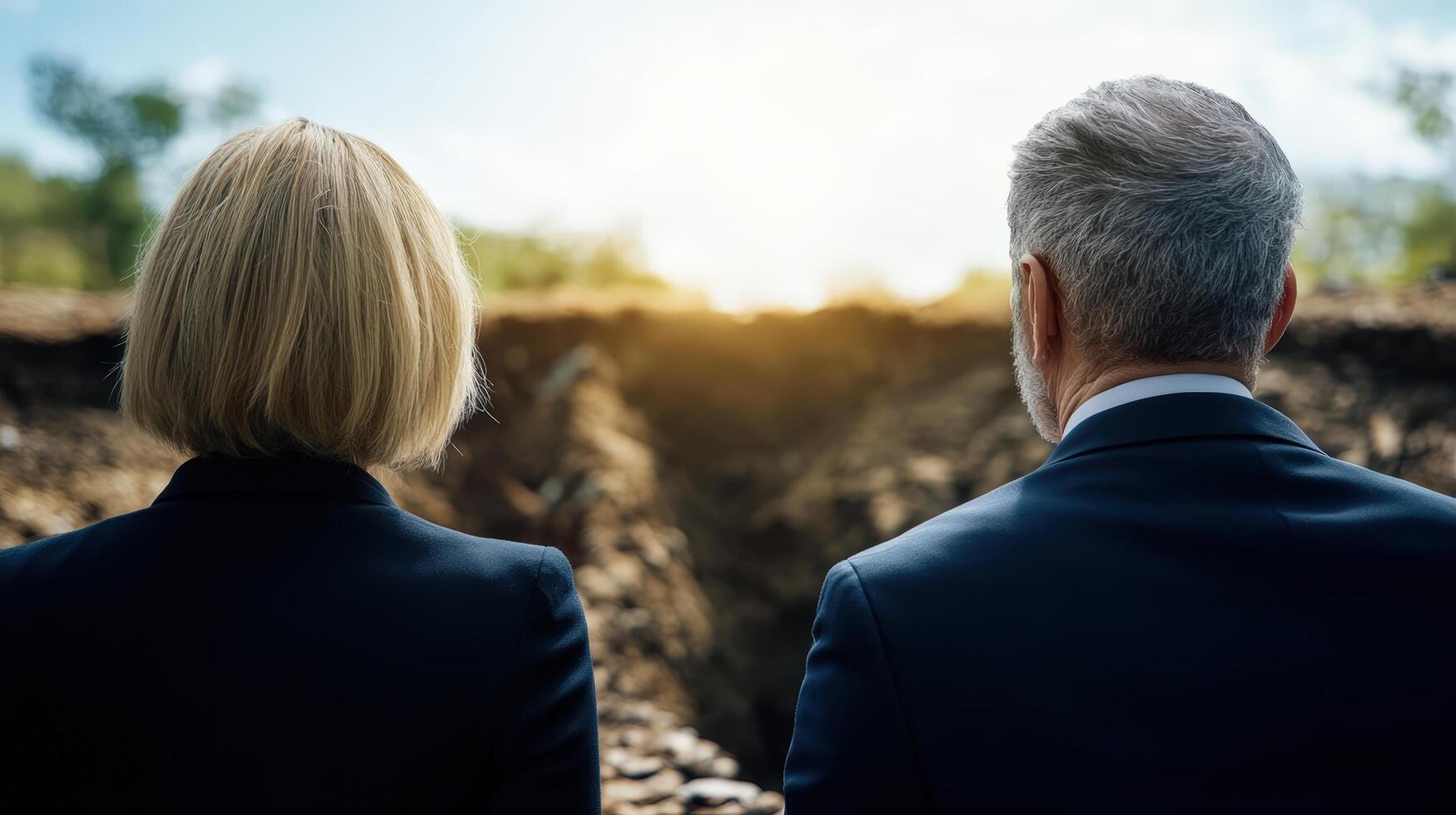 Couple Reflecting at Grave Site with Empty Plot and Soft Light photo