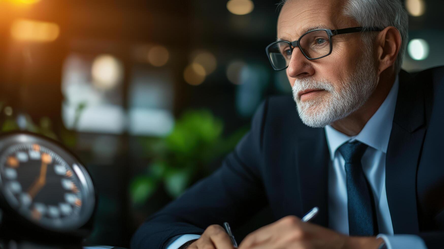 Thoughtful Businessman in Office Setting with Clock and Plants photo