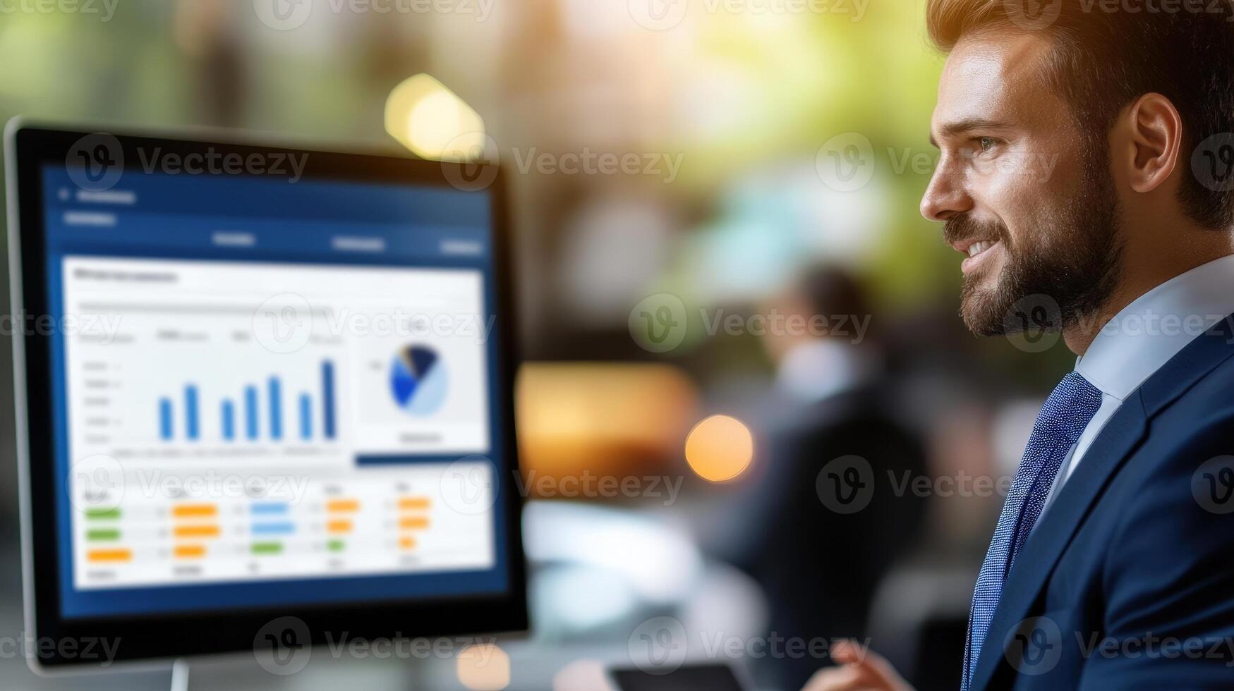 Professional Man Analyzing Business Data on Computer Screen photo