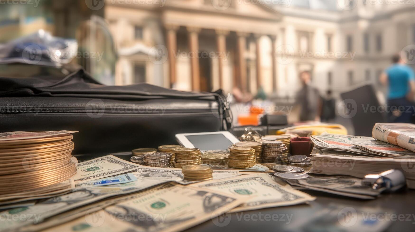 Close-Up of Various Currency Notes and Coins on a Table Surface photo