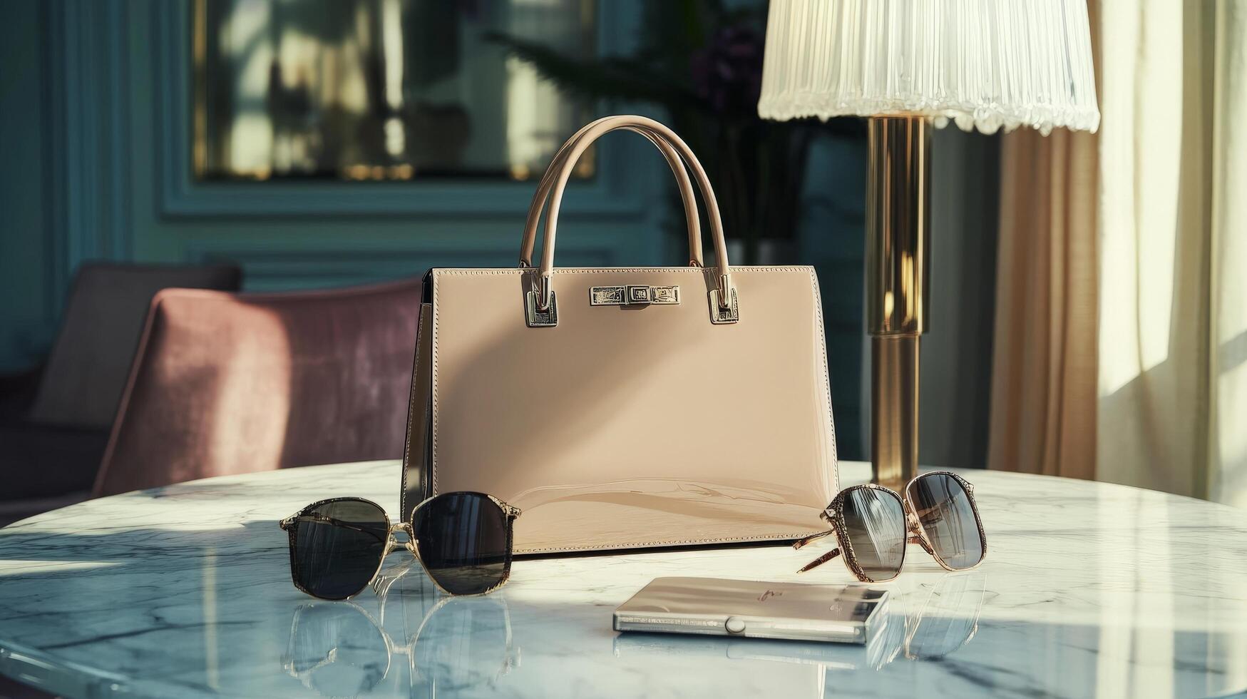 Elegant Handbag and Sunglasses on a Marble Table. photo