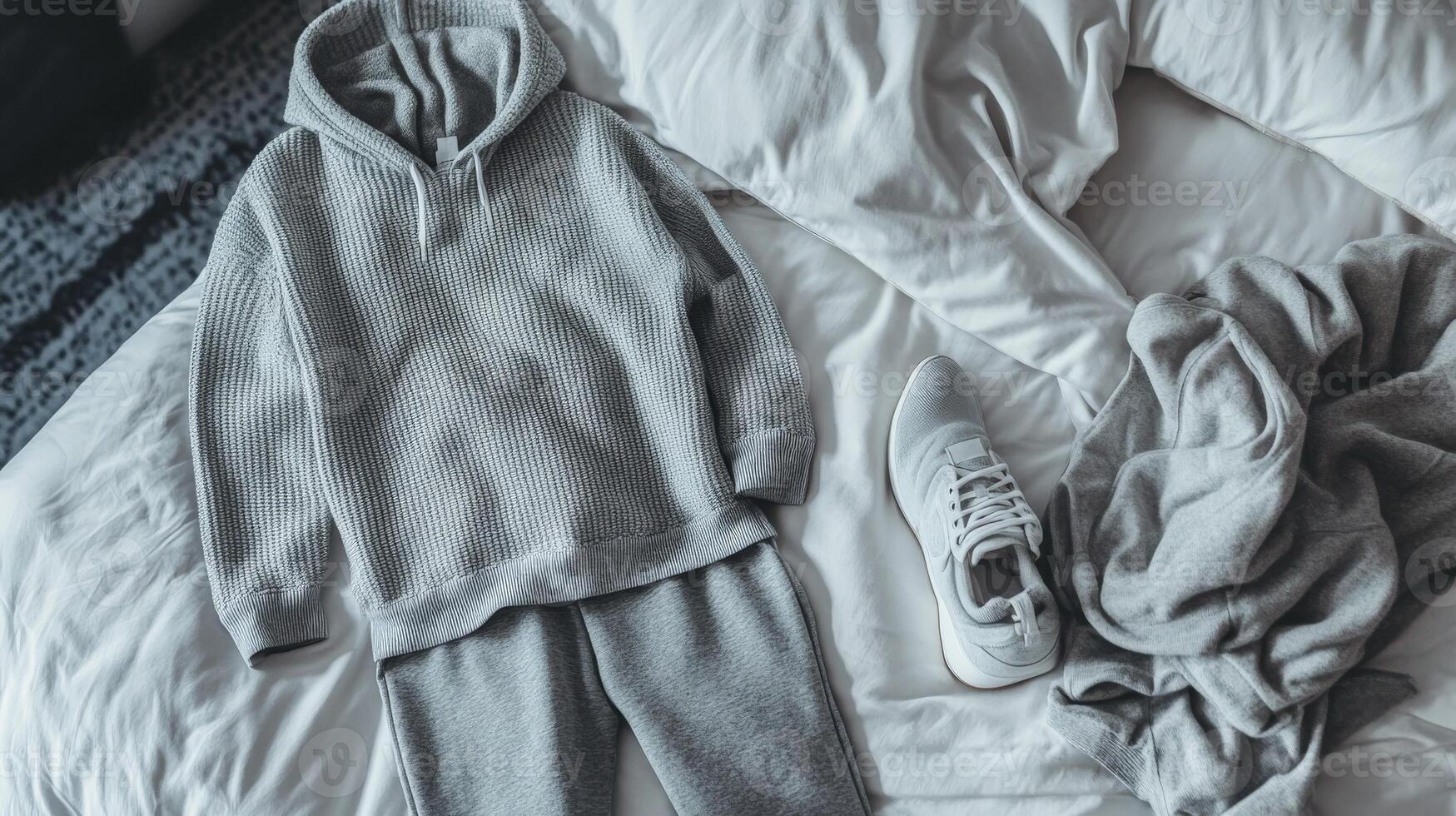 Gray Sweatsuit on Bed. photo
