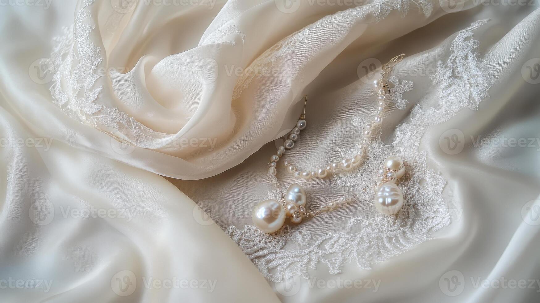 Elegant Pearl Necklace and Earrings on White Satin Fabric. photo