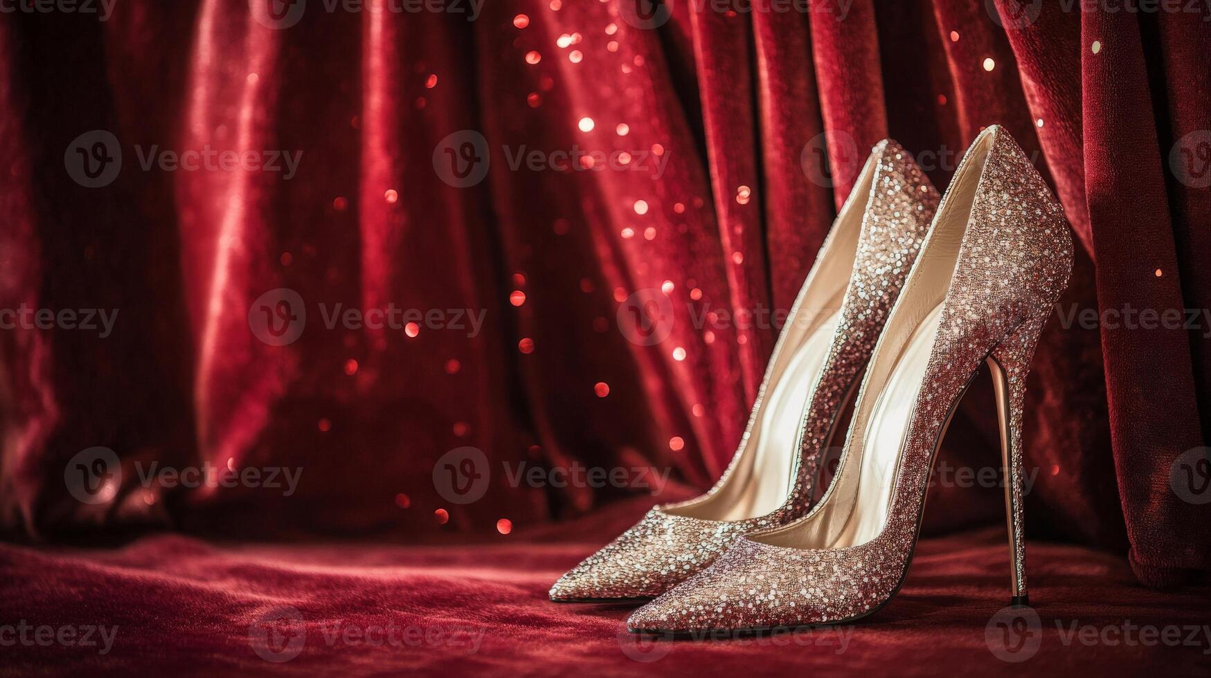 Sparkling High Heels on a Red Velvet Background. photo