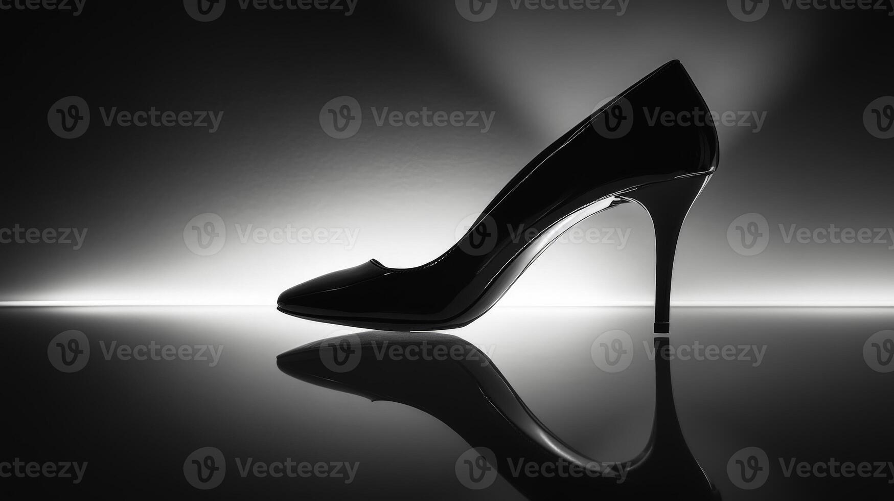 Black High Heel Shoe on a Reflective Surface photo