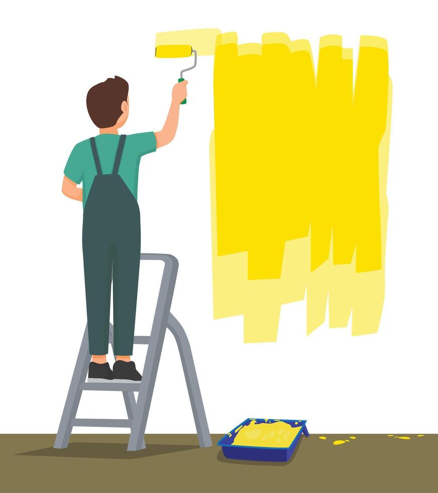 Back view man painting on the wall with paint roller vector
