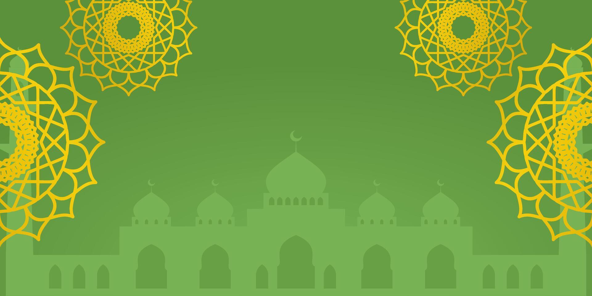 Green Islamic background with golden mandala ornament and mosque silhouette. Design for banner, poster, social media. Free copyspace area vector