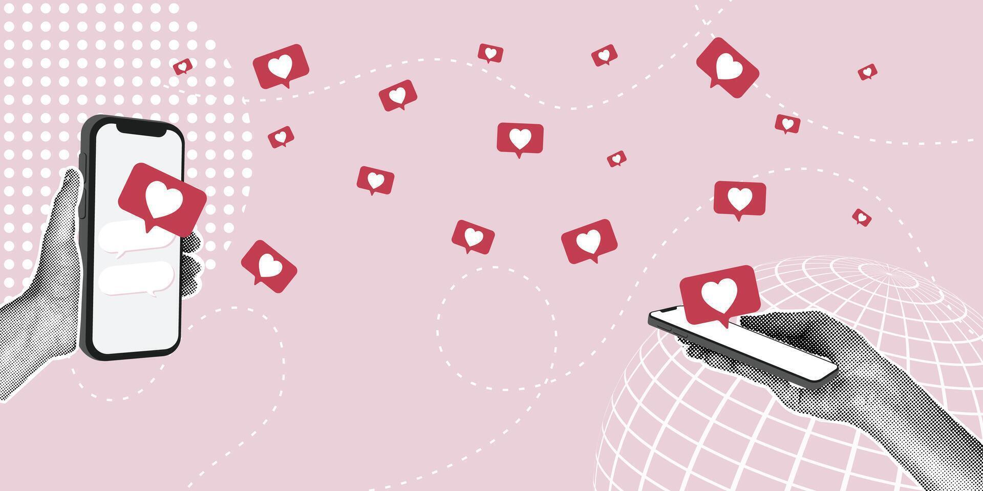 A trendy halftone collage. Concept of online communication, congratulating each other, mutual sympathy. Hands holding a modern phone, social media icon in the form of a heart. Trendy retro collage vector