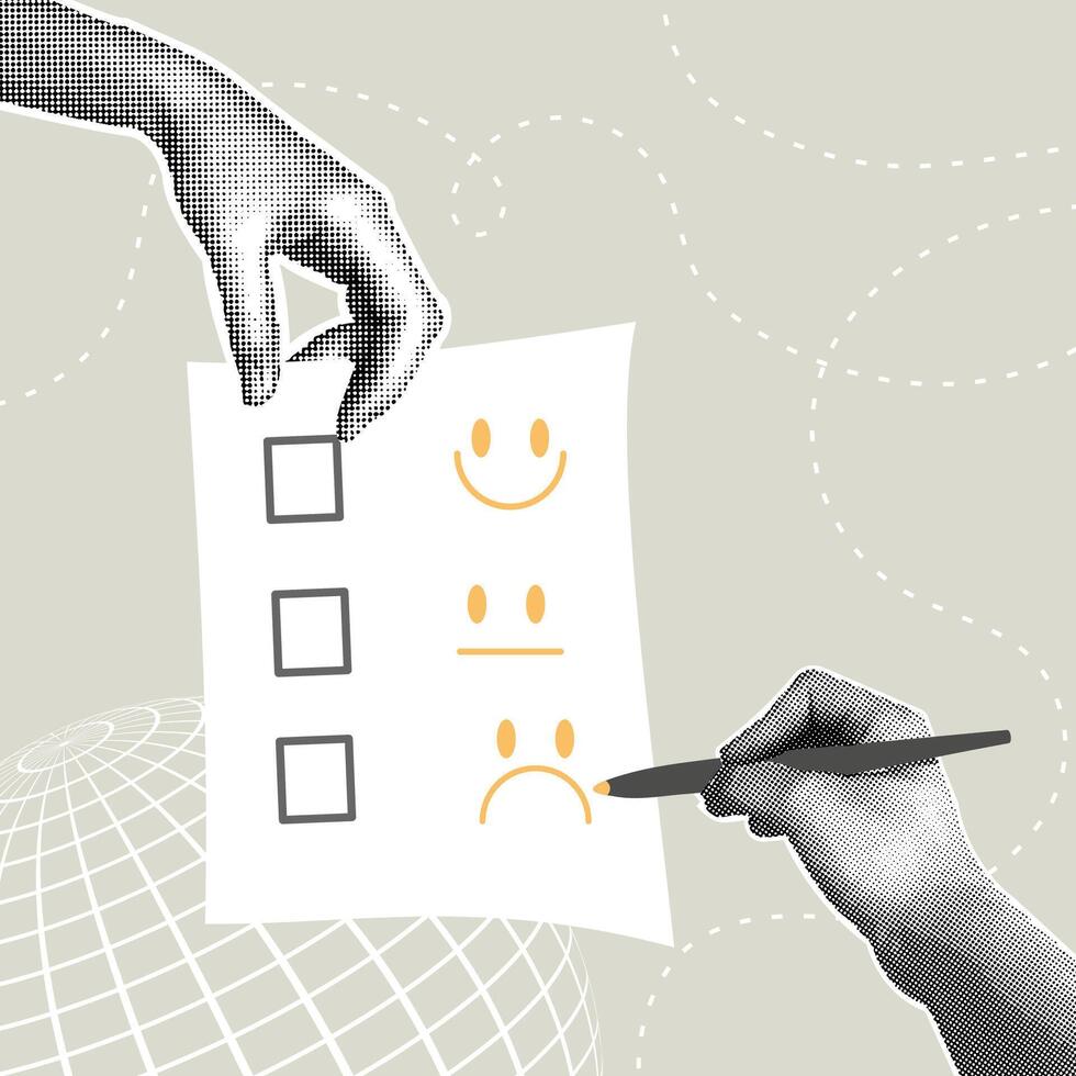 Fancy halftone collage. Conceptualizing a review, customer feedback, customer evaluation, profitability evaluation,service concepts. A hand with a pencil scoring a questionnaire with a satisfied vector