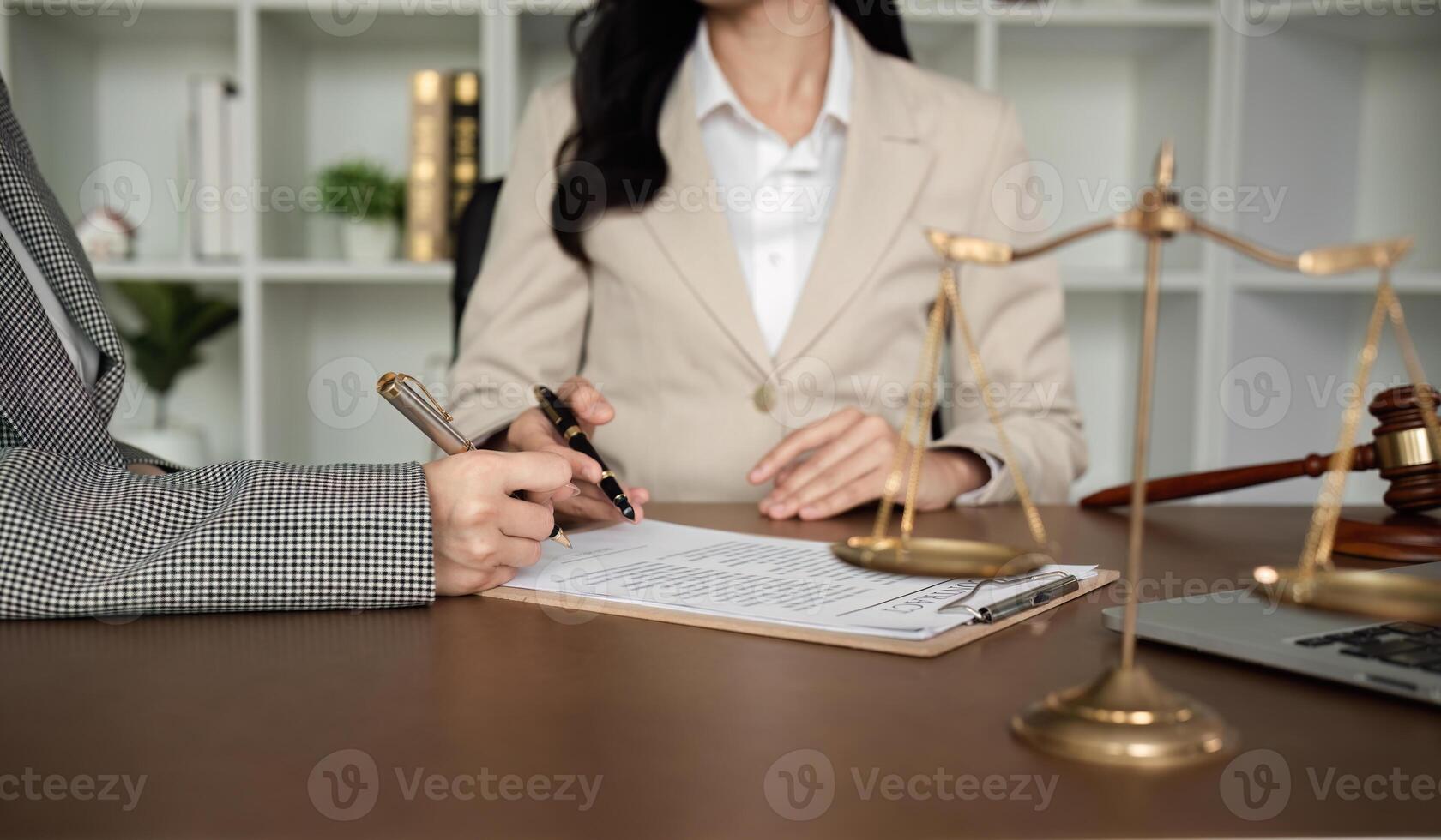 Lawyer and businesswomen discussing and introducing Providing legal advice regarding signing insurance contracts or financial contracts photo