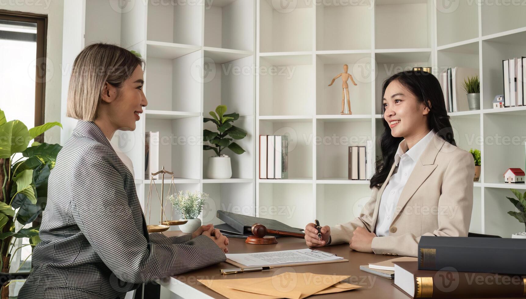 A young lawyer and businesswoman are discussing legal advice on signing a business contract. Insurance or financial contract signing photo