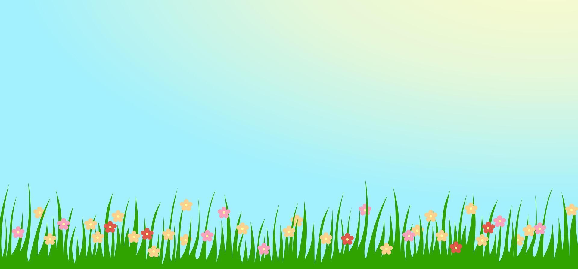 Bright realistic pattern of green grass and spring flowers for decorating Easter cards, banner. vector