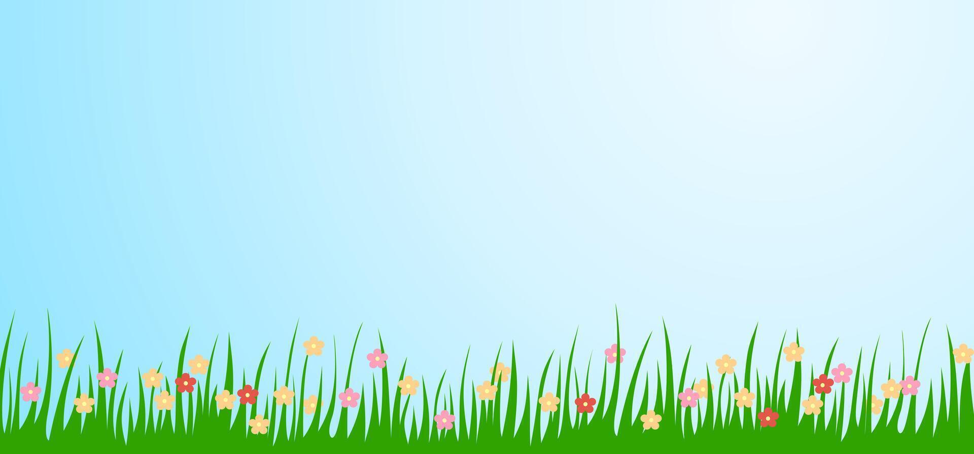 Bright pattern of green grass and spring flowers for Easter or kindergarten concept, banner. vector